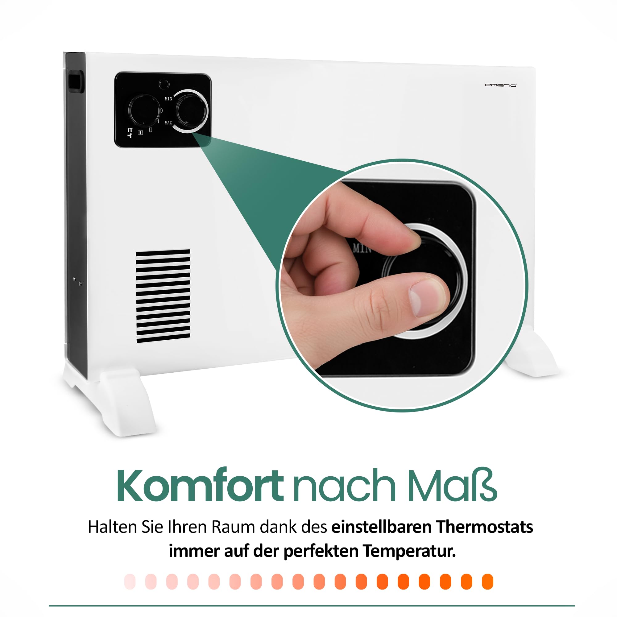 EMERIO Calefacción eléctrica convector, hasta 20 m², 2000 W, termostato ajustable, 3 niveles de calor (750 W/1250 W/2000 W), protección contra vuelco y sobrecalentamiento, ventilador turbo, móvil/asas
