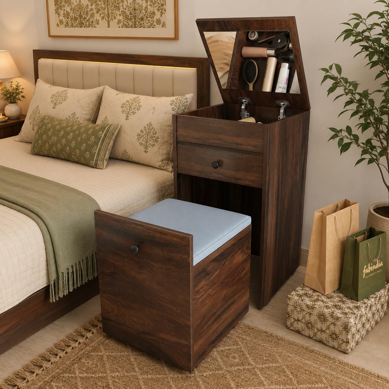 Studio Kook Beleza Dressing Table, Dresser Unit with Mirror, Seating and Storage, Matte Finish (Junglwood)-image-11