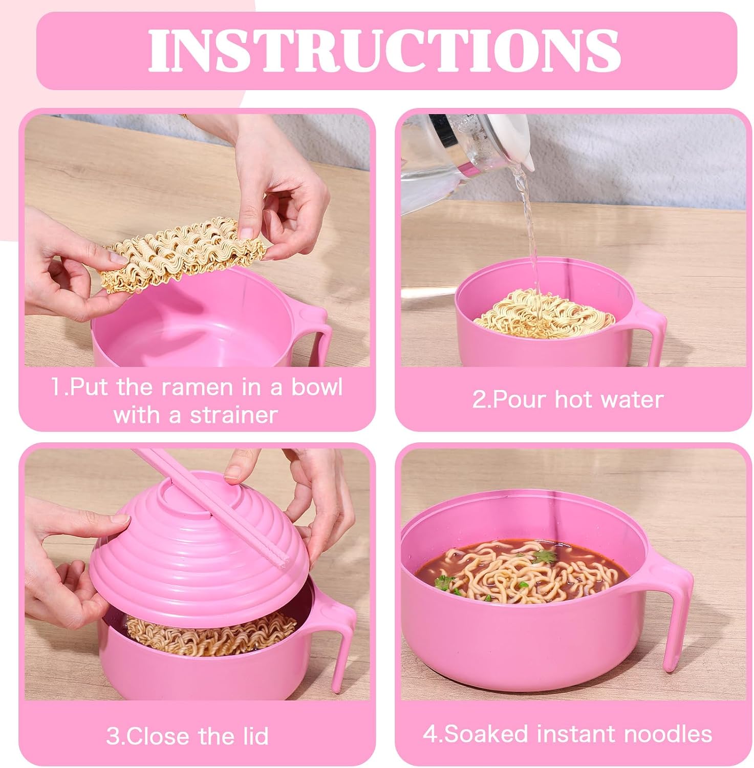 4 Sets Microwave Ramen Cooker Set 40 oz Quick Ramen Bowl Set Microwave Noodle Cooker with Handle Noodle Bowl with Spoon Chopsticks Fork College Dorm Room(Fresh Colors) image 4