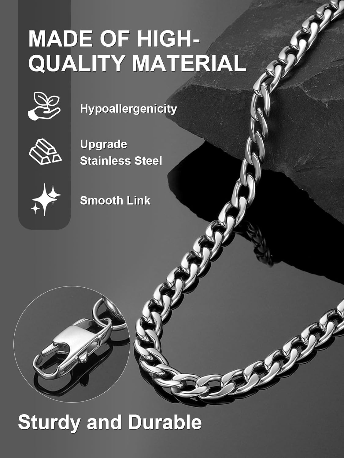 ChainsPro Cuban Link Necklace for Men, Silver/Black/Gold Plated Stainless Steel Mens Chain Necklace 5/9/12/15 MM Width,14"-30" Length Hip Hop Accessories Jewelry Gifts for Father's Day Christmas - Image 4