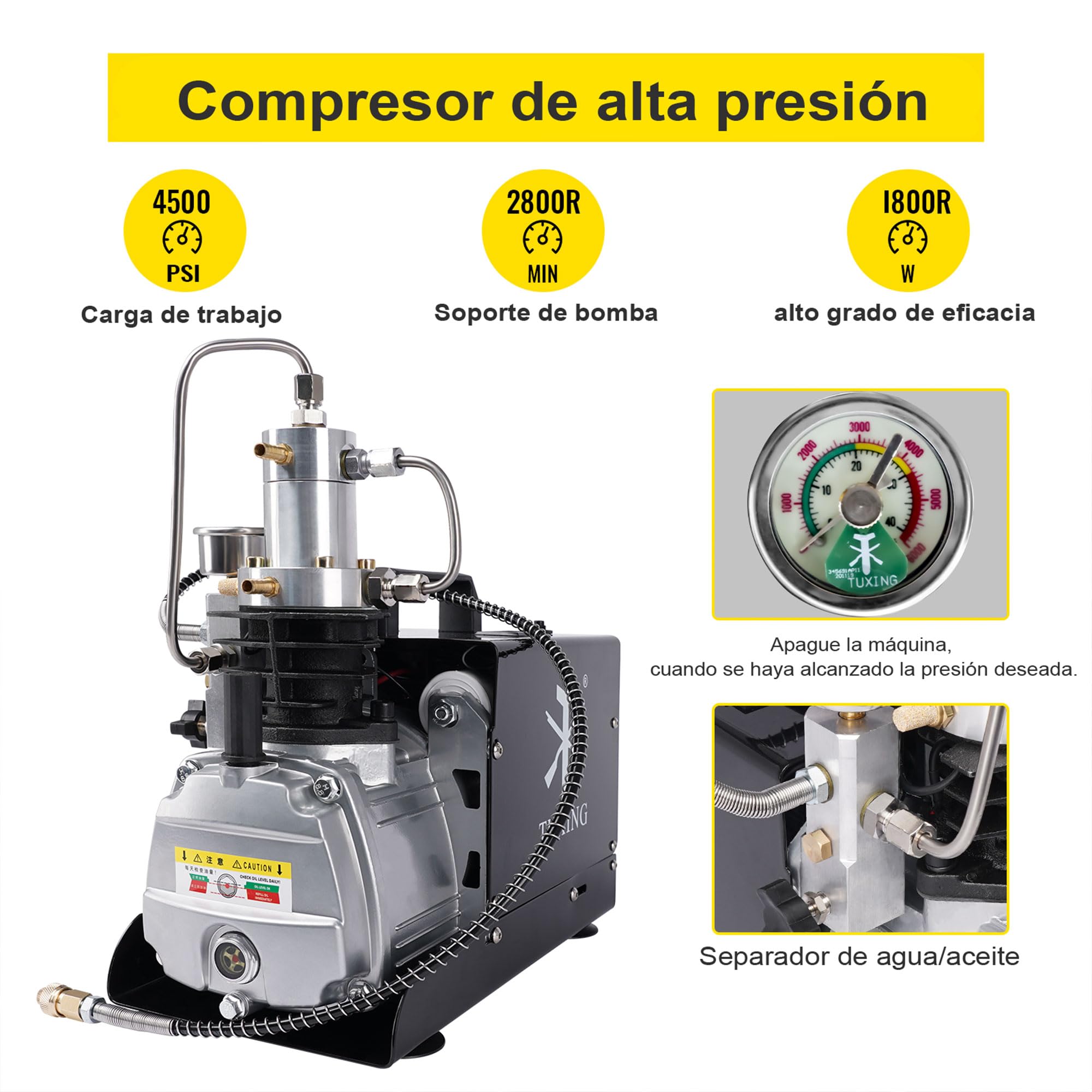 Compresor TUXING 4500Psi, compresor de aire eléctrico de alta presión, estación de llenado de paintball PCP para extinción de incendios y buceo, prueba de presión y fugas (30Mpa) 220V