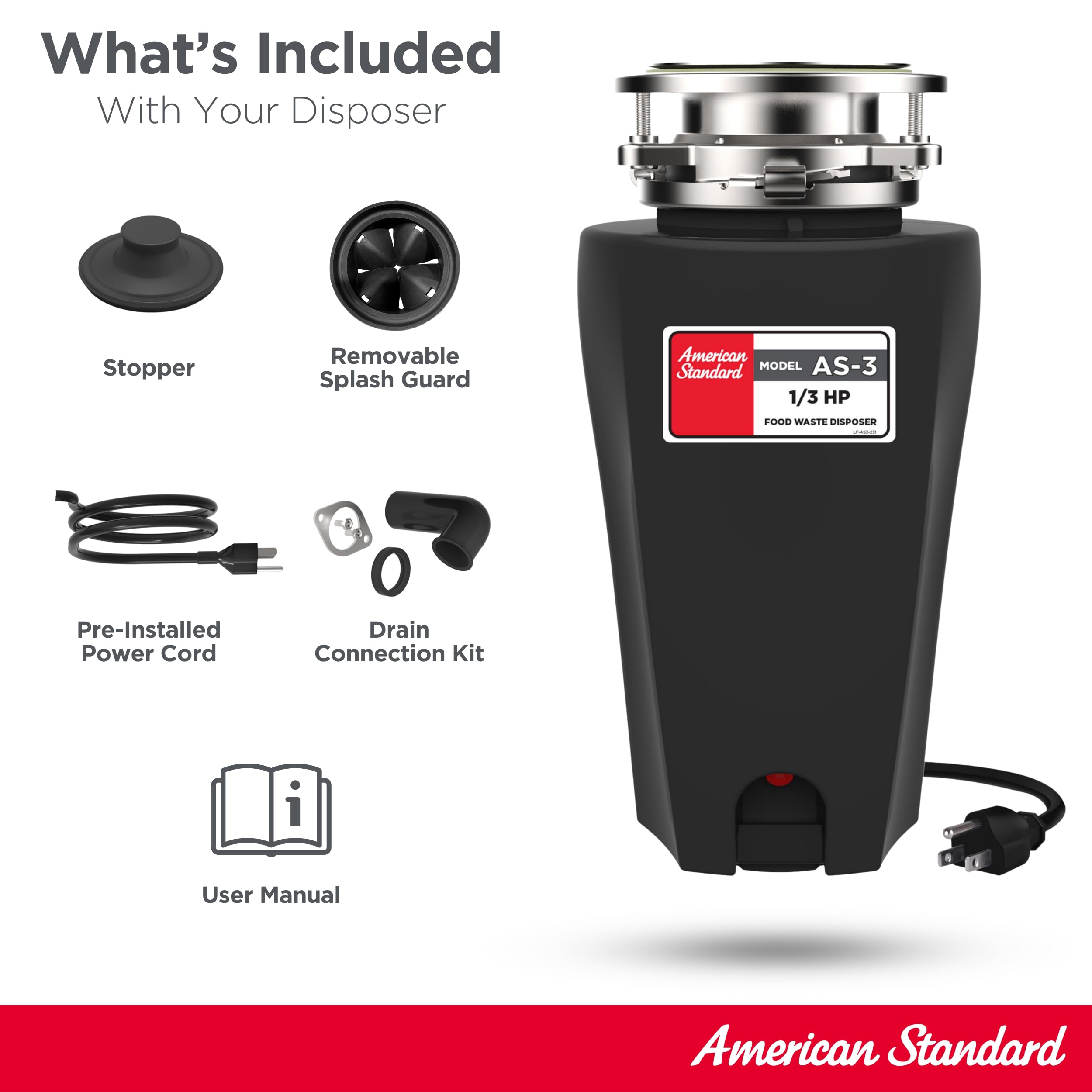 American Standard 10-US-AS-3 Sistema de molienda de residuos de alimentos de acero inoxidable antiatascos para eliminación de basura, negro