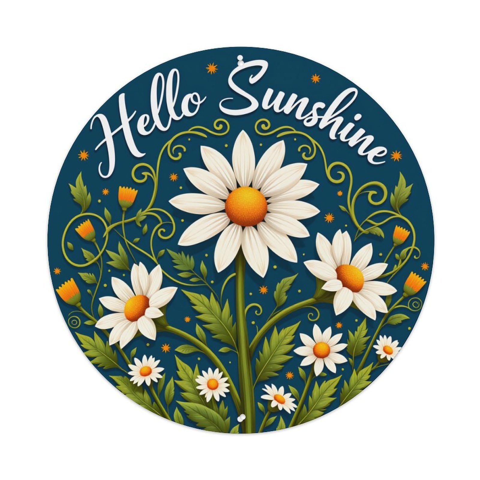 Daisy Flowers Green Leaves Orange Centers Round Tin Sign Retro Metal Sign for Cafe Bar Pub Home Game Room Gym Club Wall Decoration Vintage Metal Poster 8x8 Inch
