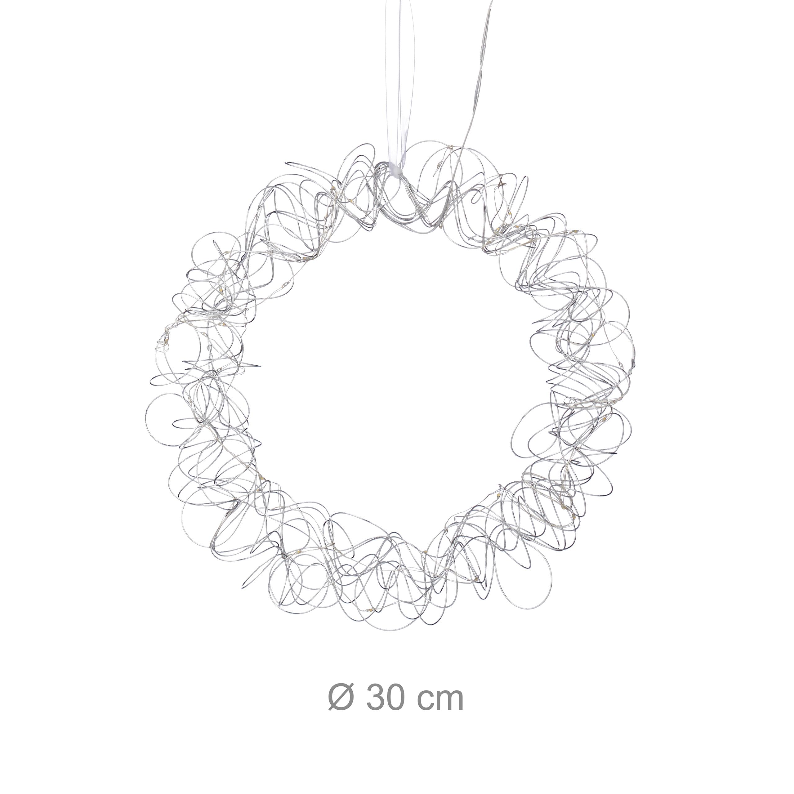 Relaxdays Wieniec świetlny LED, dekoracja okienna wewnątrz, do zawieszenia, Ø 30 cm, przez cały rok, koło świetlne, zasilanie bateryjne, srebrny, żelazo, miedź