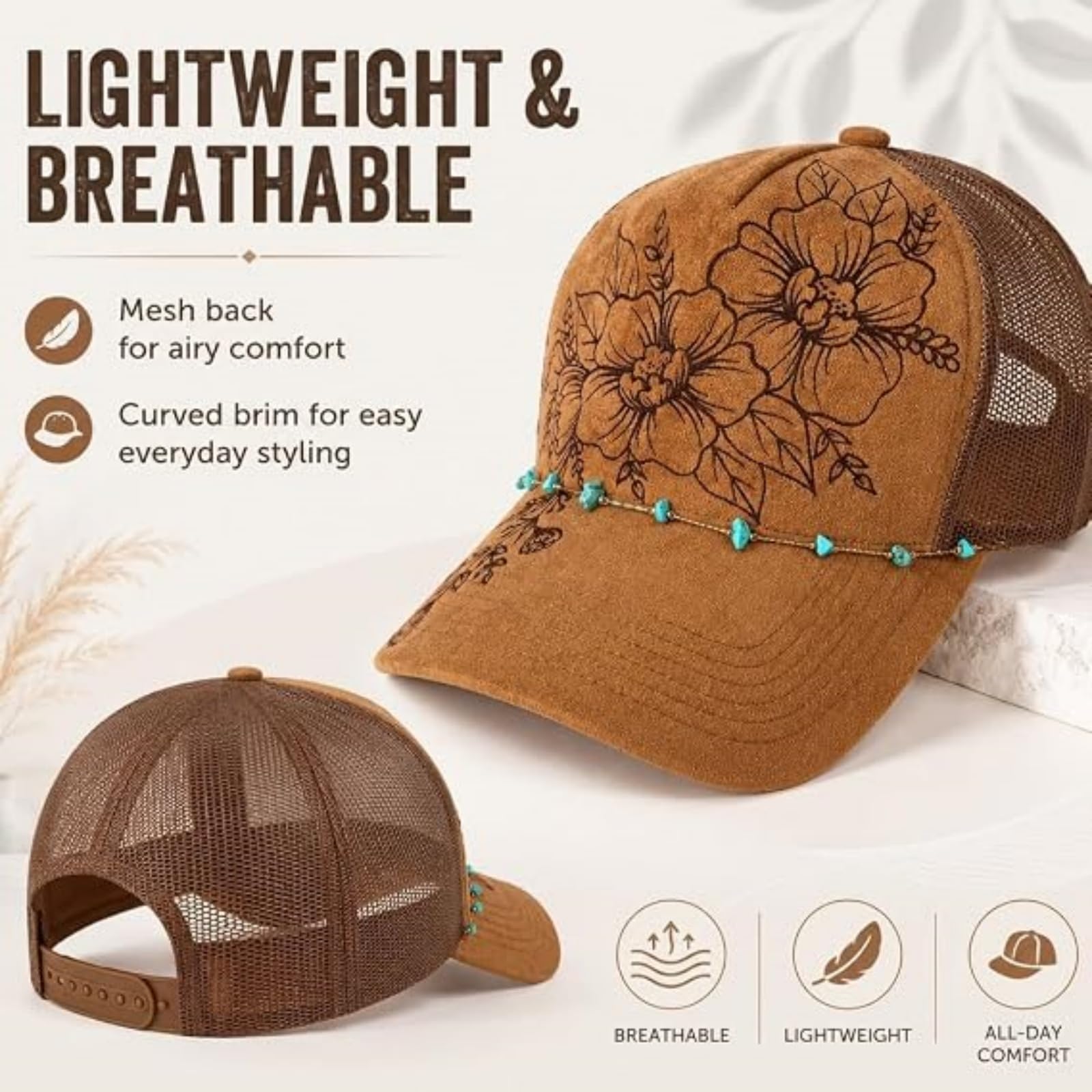 Generico Cappello da Camionista in Pelle Scamosciata bruciata con Applicazioni Floreali, Catena con Delicate Pietre turchesi, Retro in Rete Regolabile, Stile Western Boho Cowgirl.