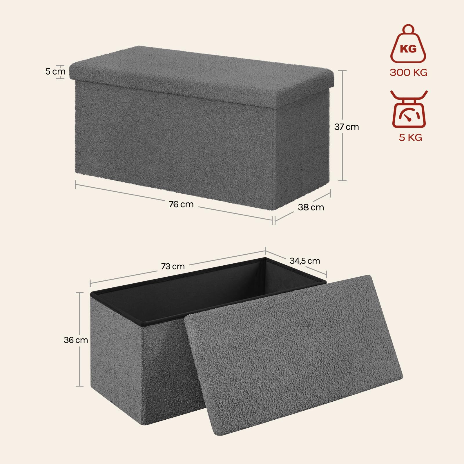 WOLTU Taburete Almacenaje Plegable, Baúl Almacenamiento, Taburete Puff Reposapiés para Sofá y Cama, con Tapa Extraible, Tapizado en Tela Polar Teddy, 80 L, 76x38x37 cm, Gris Oscuro