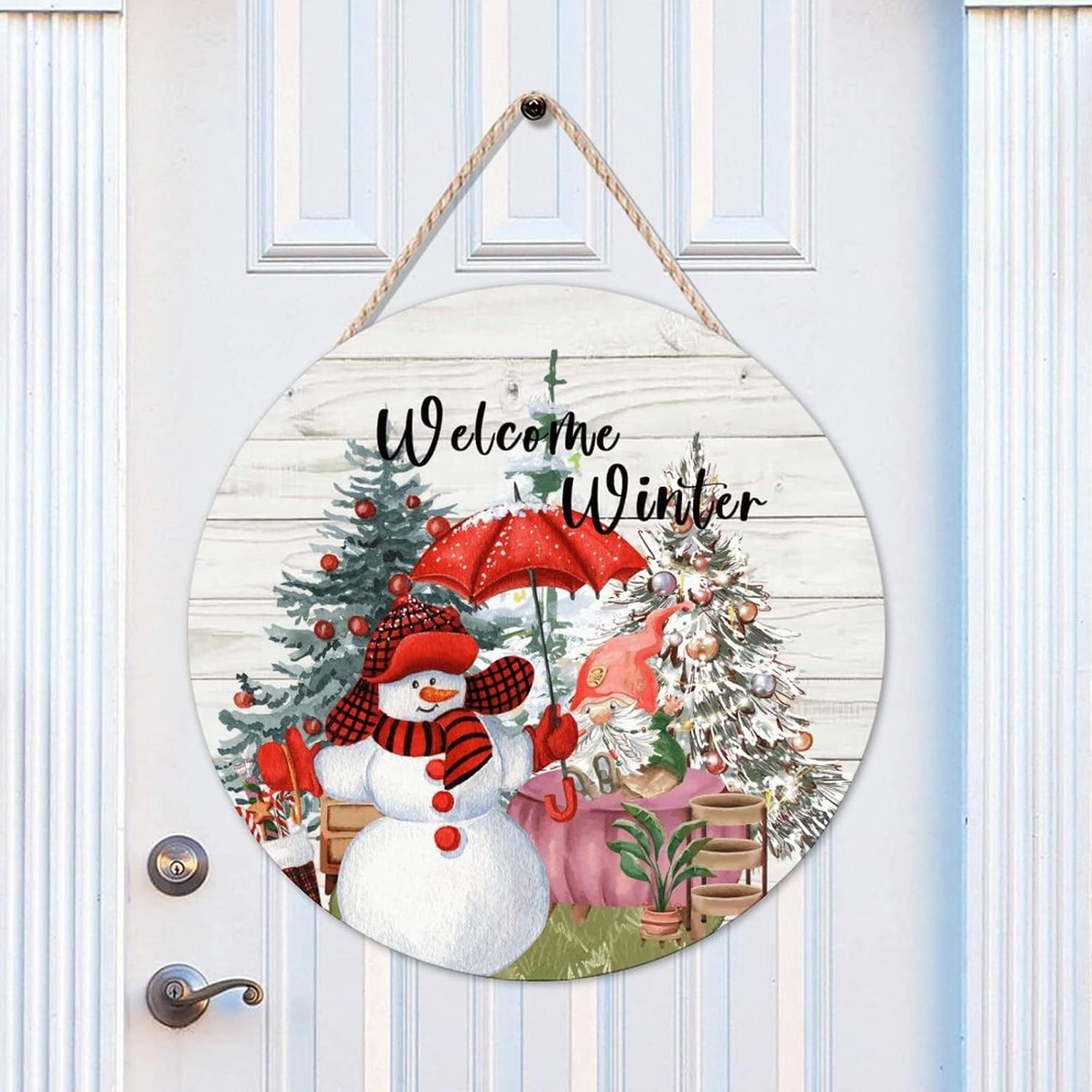 Welcome Winter Front Door Round Welcome Wood Sign, Snowman Welcome Wood Door Sign, 16x16in Snow Welcome Wall Hanging Sign Plaque for Backyard Front Porch Farmhouse Front Door Decor