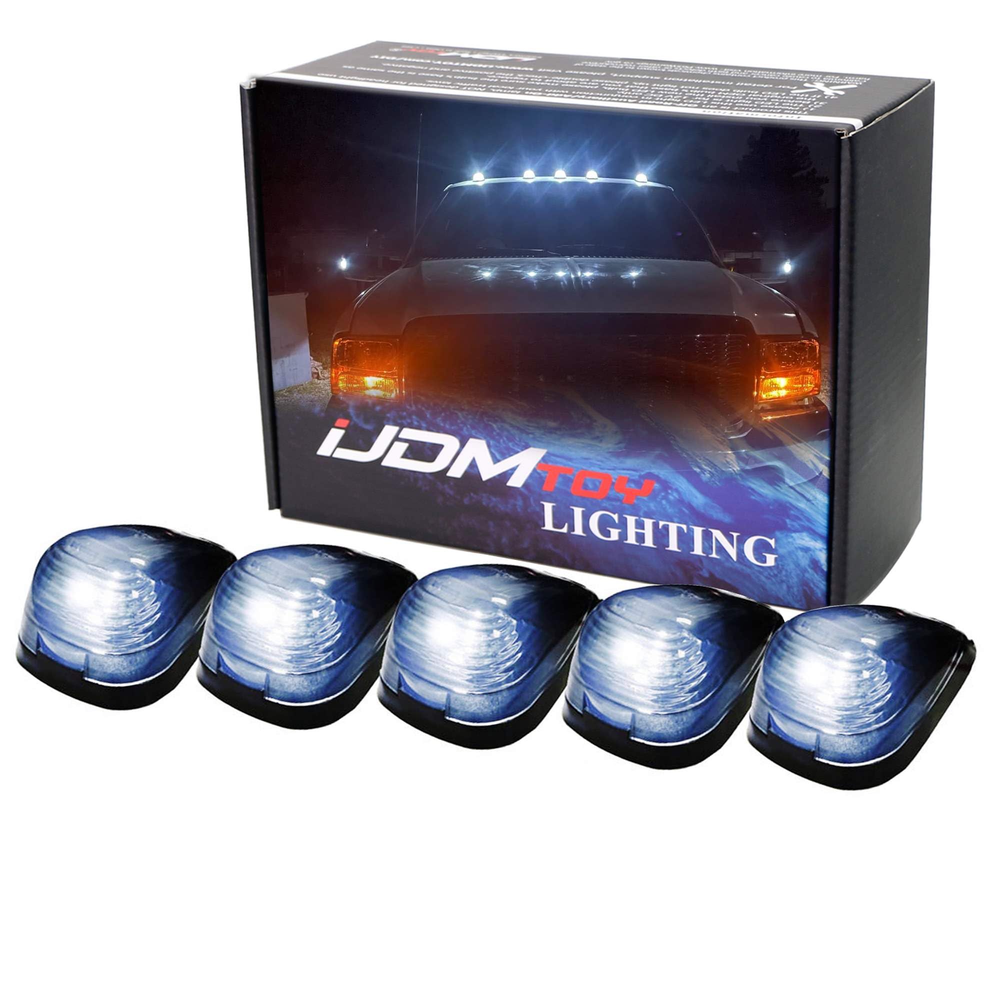 iJDMTOY Black-Out Smoked Lens Xenon White LED Illuminated Cab Roof Clearance Marker Lamps Compatible with Truck SUV 4x4, 5-Piece Roof Running Light Set Powered by (5) 5050-SMD LED Bulbs