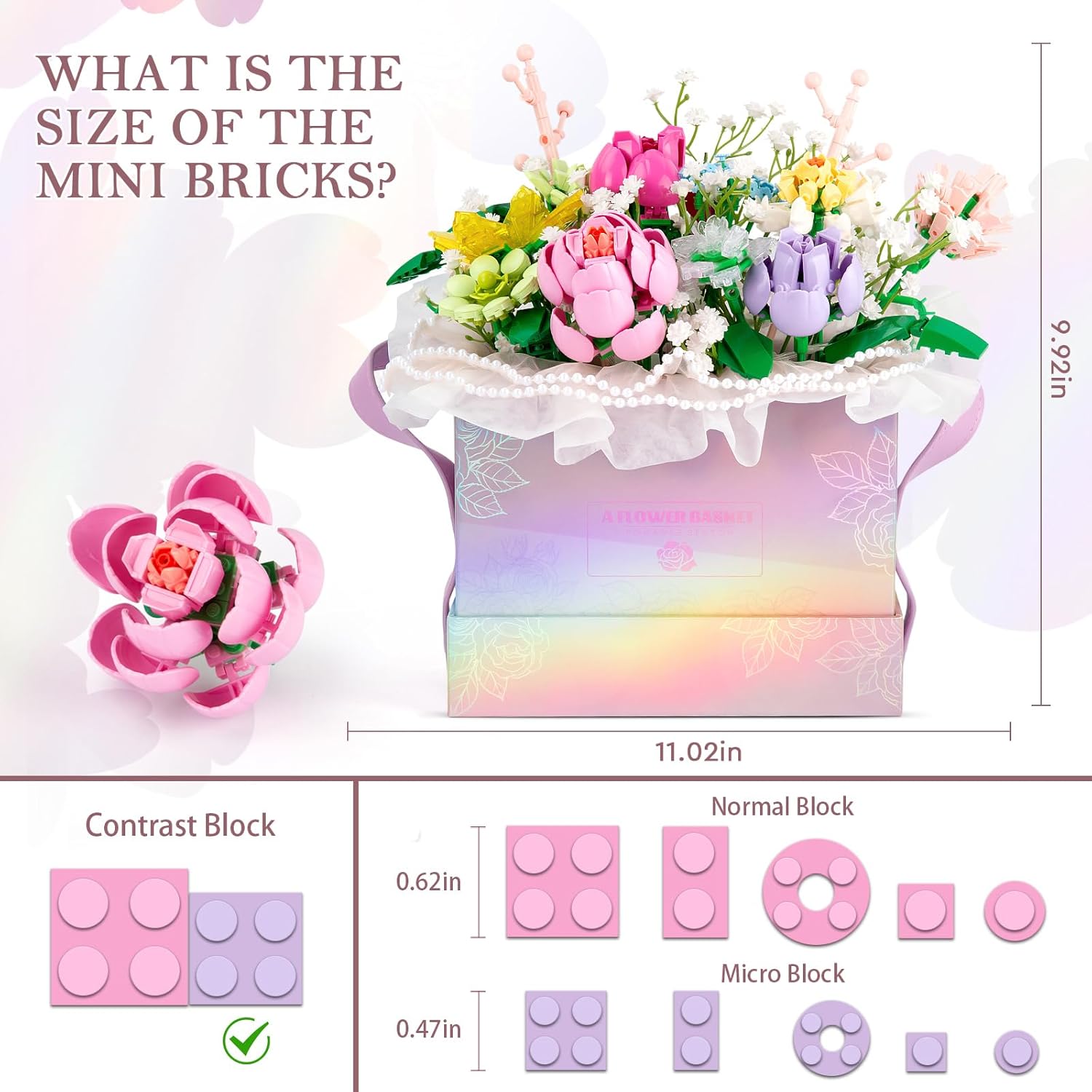 HIGH GODO Flowers Bouquet Building Set, Flowers Basket Building Blocks with Light, 706PCS Botanical Building Kit, Anniversaries Birthday Gift for Women Girlfriend Adults 14+