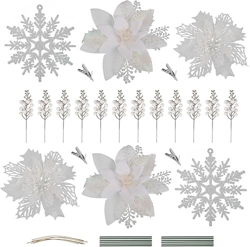 RECUTMS Juego de 60 piezas de decoración de Navidad de nochebuena, 18 flores de Pascua artificiales con 12 tallos de bayas con purpurina, 12 postes,
