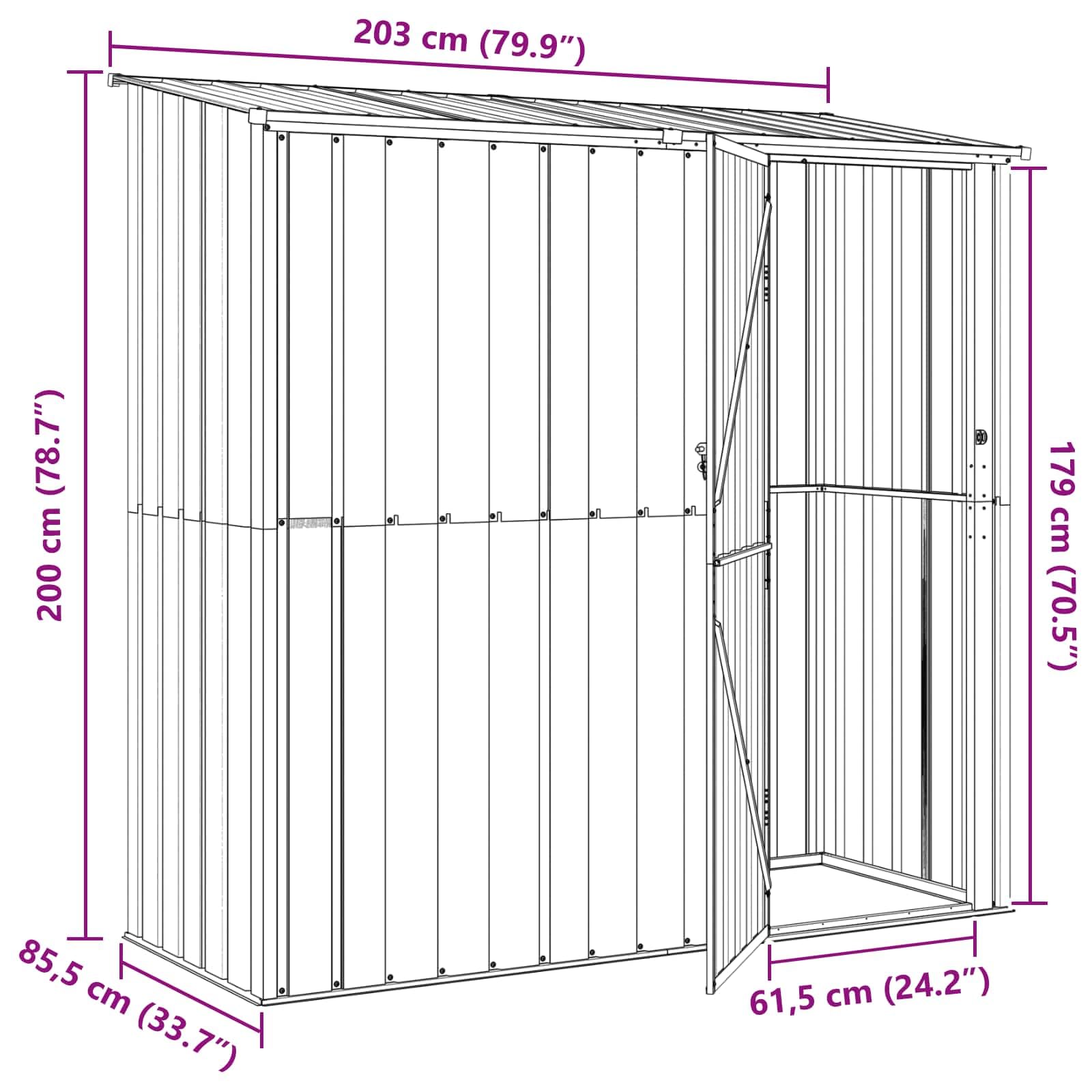 Domek ogrodowy, antracyt, z metalu, 203 x 85,5 x 200 cm, przestronna szopa ogrodowa na narzędzia, kosiarkę, rower, grill i meble na tarasie lub balkonie z bezpiecznym zamkiem