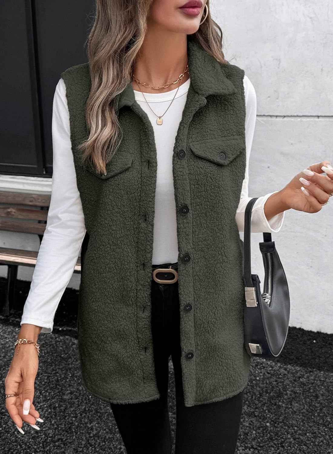 EVALESS Womens Warm Sherpa Fleece Sleeveless Button Down Long Vest Sherpa Jackets Coat Outerwear