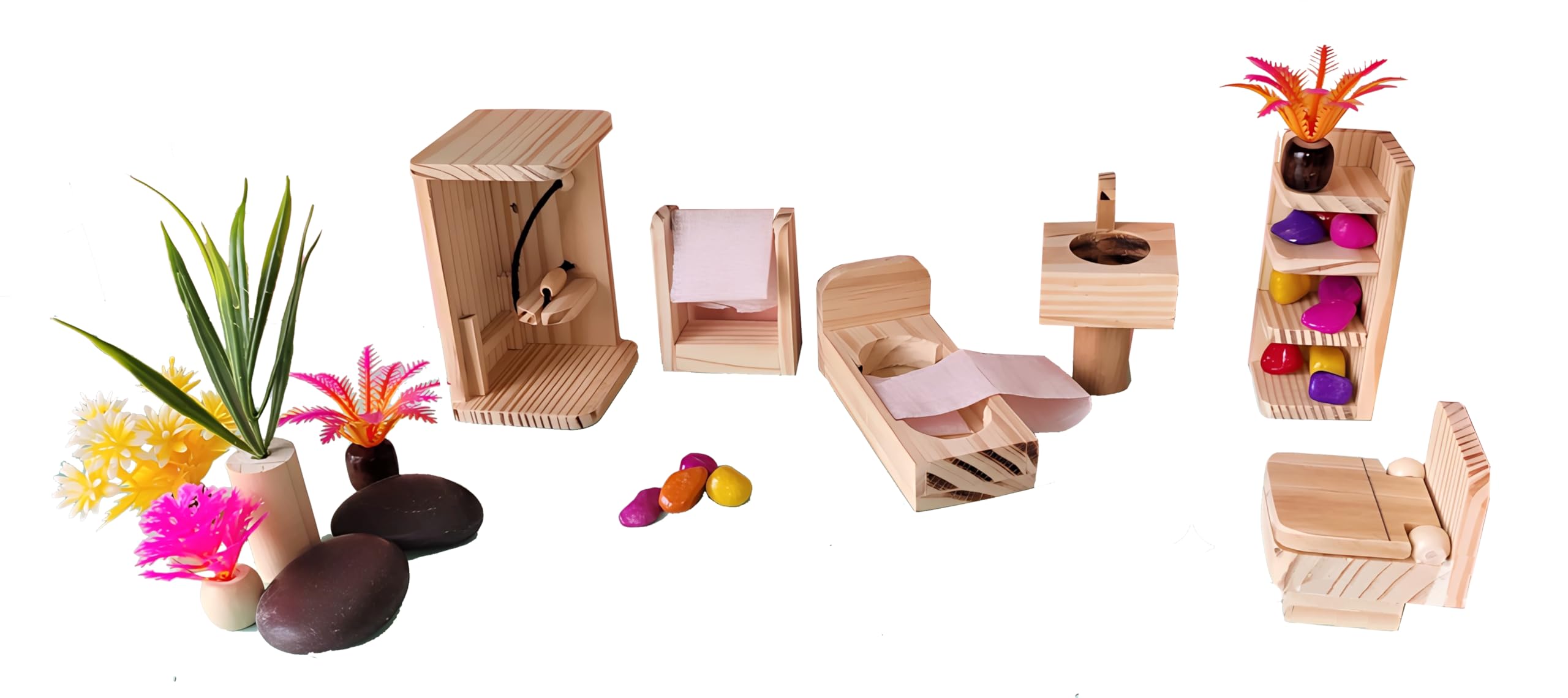 TinyMinyWorld Dollhouse Accessories Doll House Furniture Set (Wooden): Drawing Room - Kitchen - Bedroom - Toilet (Bath Room Extended)