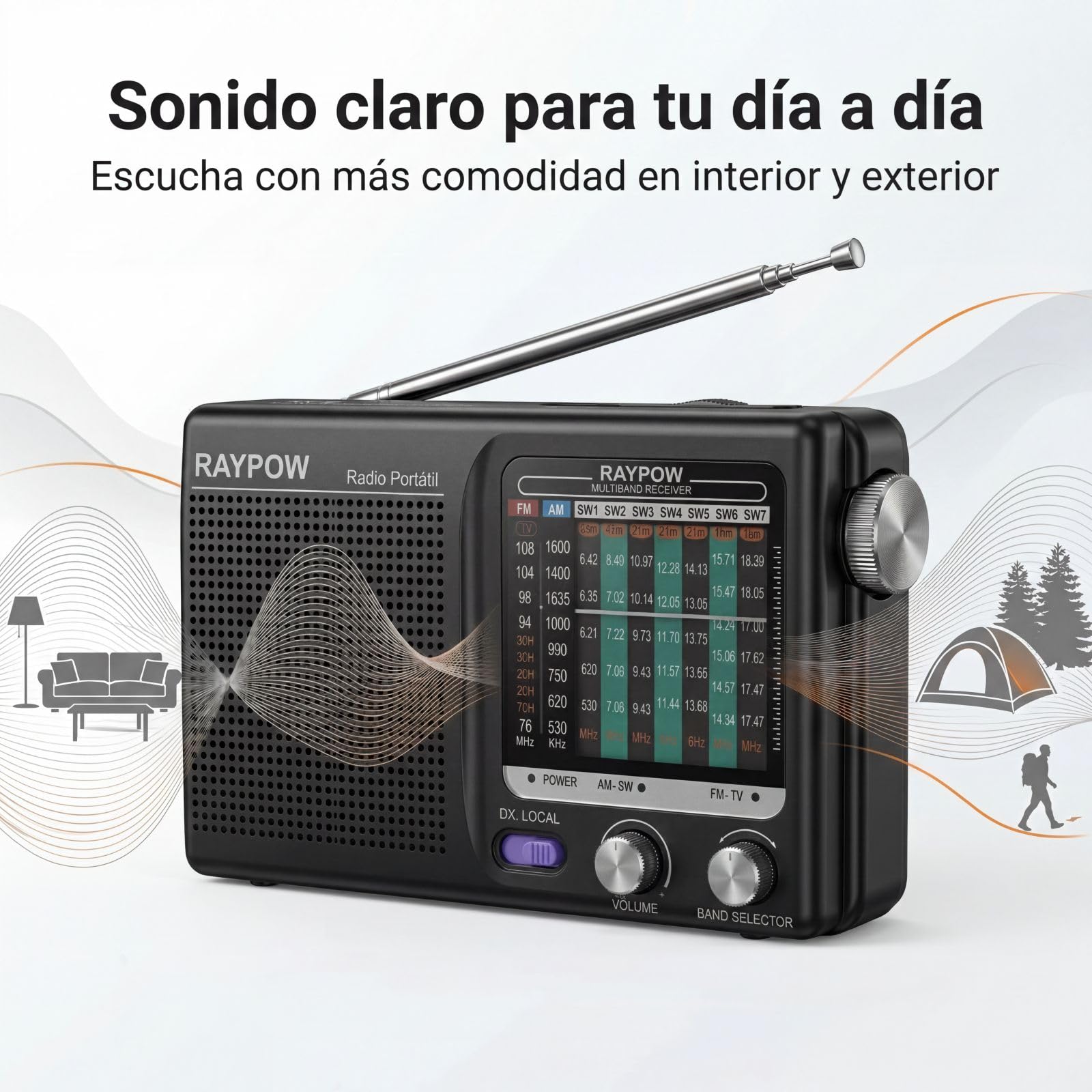 Tragbares Radio, 9-Band-FM-/AM-/SW1~SW7-Transistorradio, tragbare Tasche, funktioniert mit 2 AA-Batterien, kleines FM-Radio, starker Lautsprecher, drinnen und draußen, Schwarz