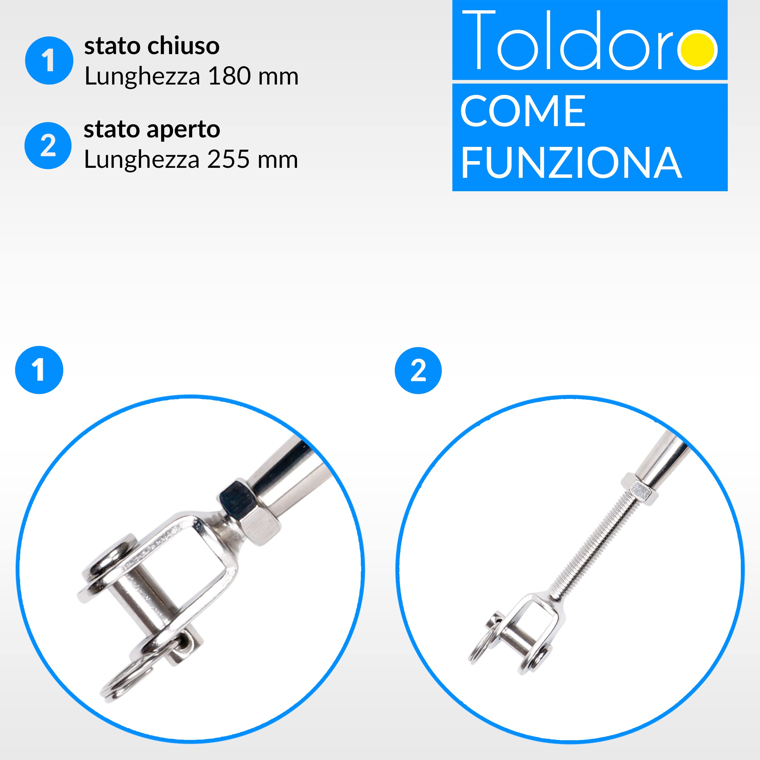 Toldoro, 4 tenditori M8 in acciaio inox, gancio, tirante per sartiame, tendicinghia a doppia forcella per fune, per tendone e barca a vela, forma chiusa