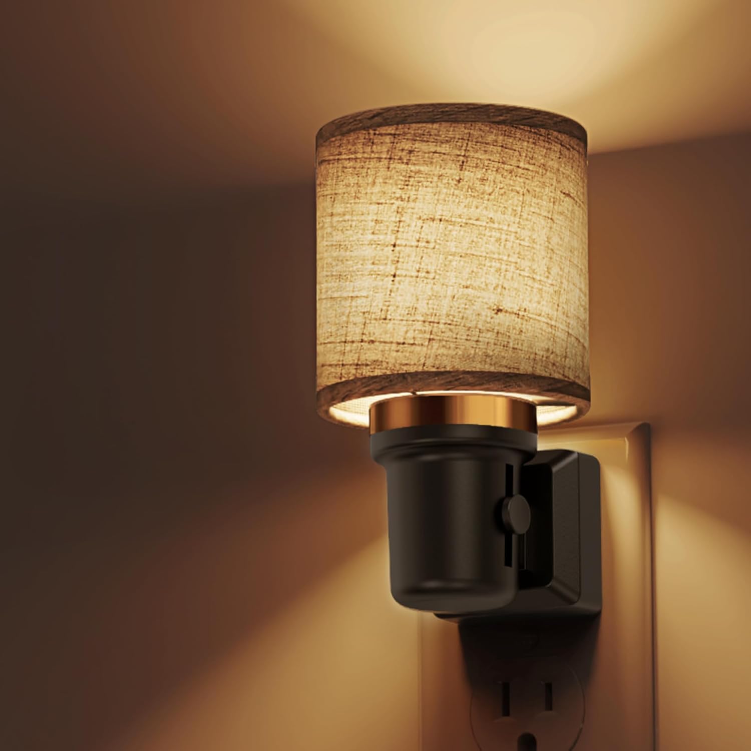L LOHAS LED Luces nocturnas enchufables a la pared, luz nocturna cilíndrica de tela de lino, sensor de atardecer a amanecer, luz nocturna vintage,