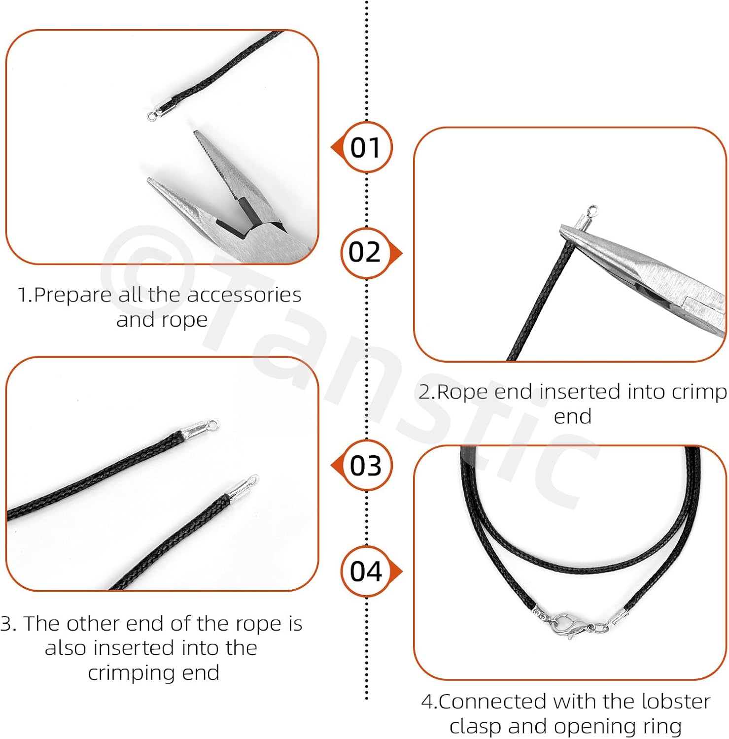 Tanstic 180Pcs Leather Rope Clip with Pliers, Foldable Cylindrical Cord End Crimp Opening Crimps for Jewelry Making DIY Craft