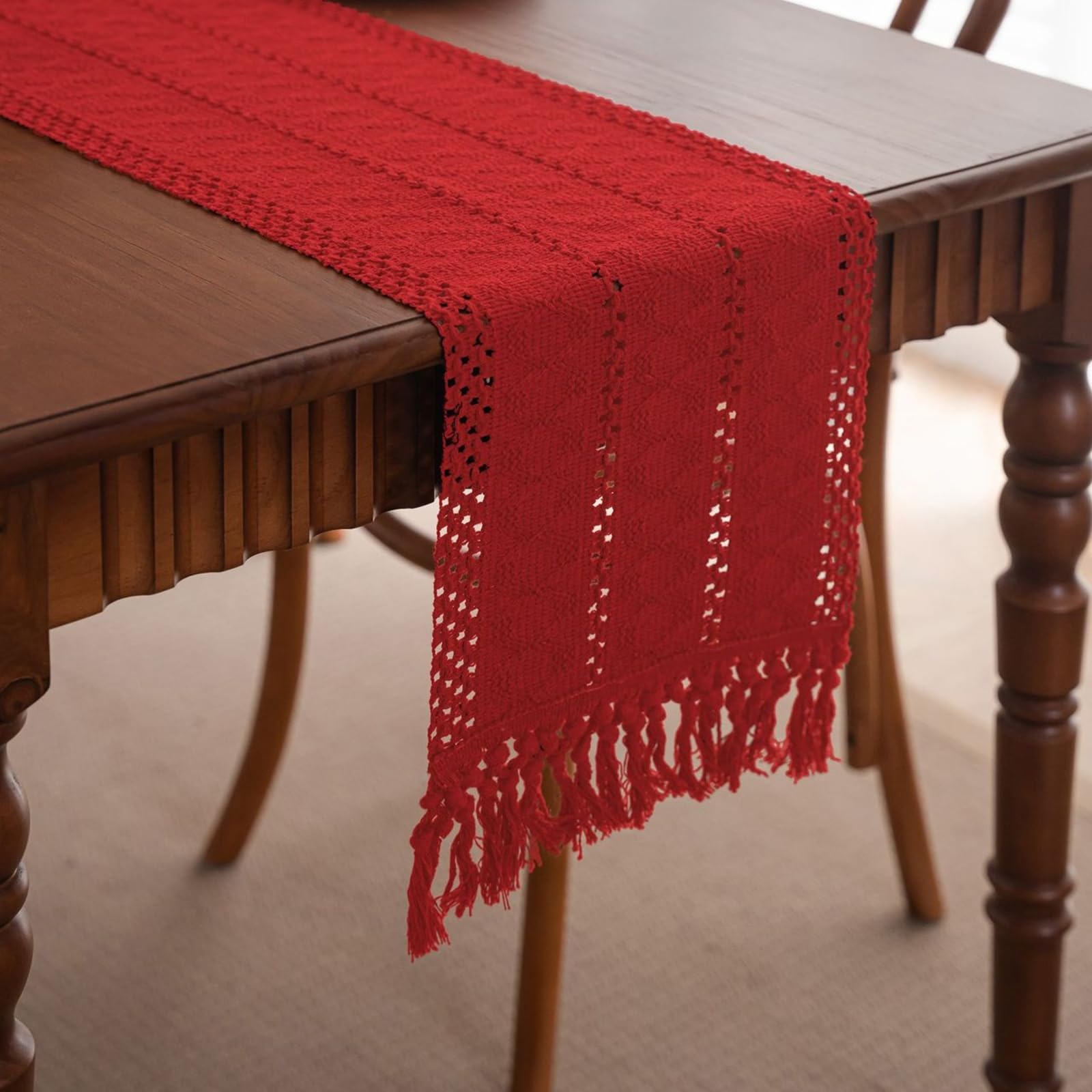Tischläufer Modern Polybaumwolle, Tischläufer Wohnzimmer 33x300 cm, Uni Rote Häkel mit Quasten