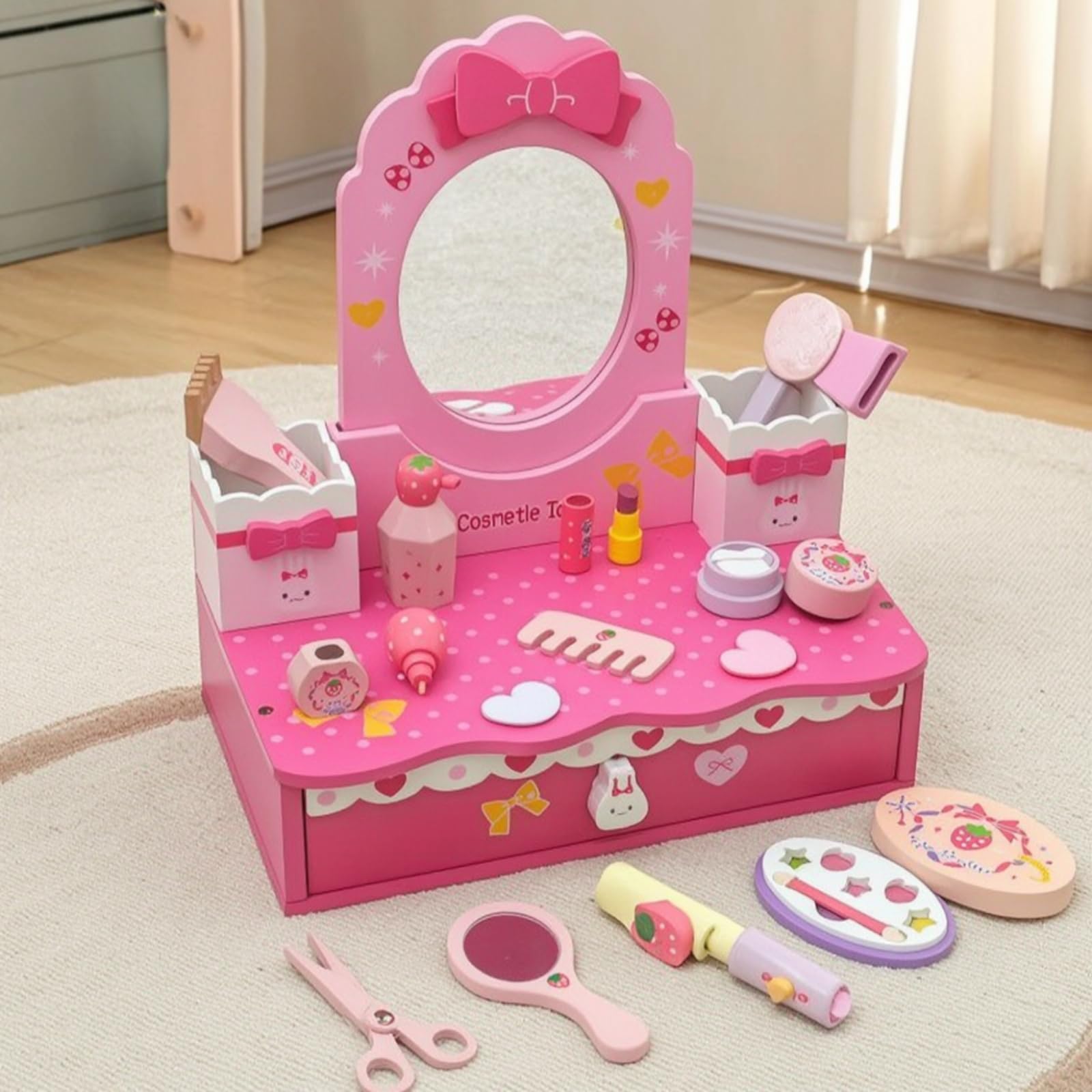 MagiDeal Tocador de Juguete con Espejo y Cajones para Niñas Pequeñas Madera Estable Diseño Clásico Compartimentos Juego de Maquillaje Fomenta