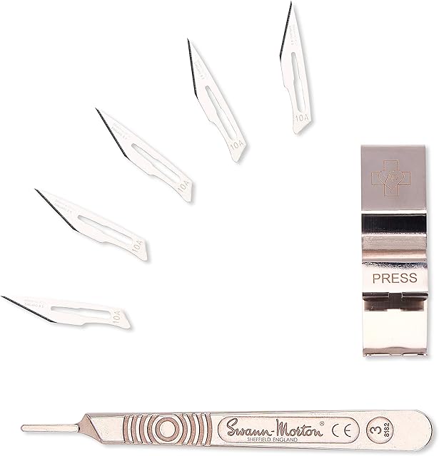 Assist Plus ADL Scalpel Blade Remover, Swann Morton Number 3 Scalpel Handle and Swann Morton 10A Craft Knife Scalpel Blades 5 Pack- Bundle of 7 Pieces
