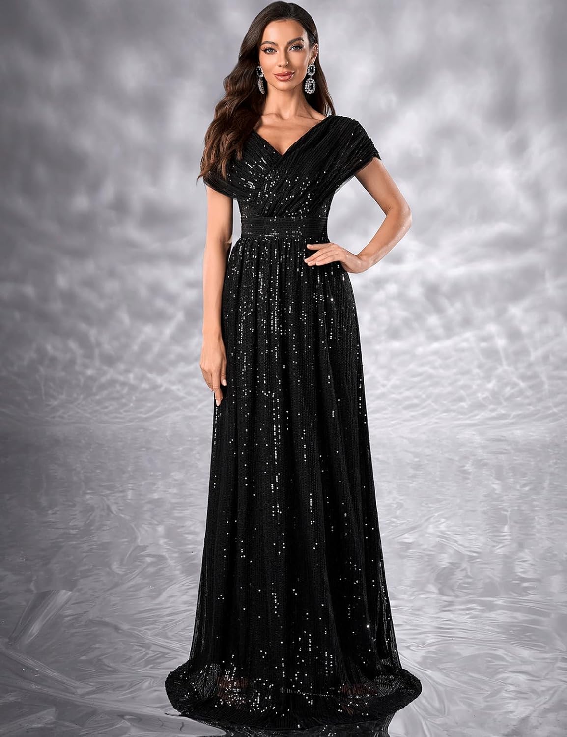 Women's Sequin V-Neck Short Sleeve A-Line Evening Dress Elegant Evening Dresses Party Gowns - Image 3