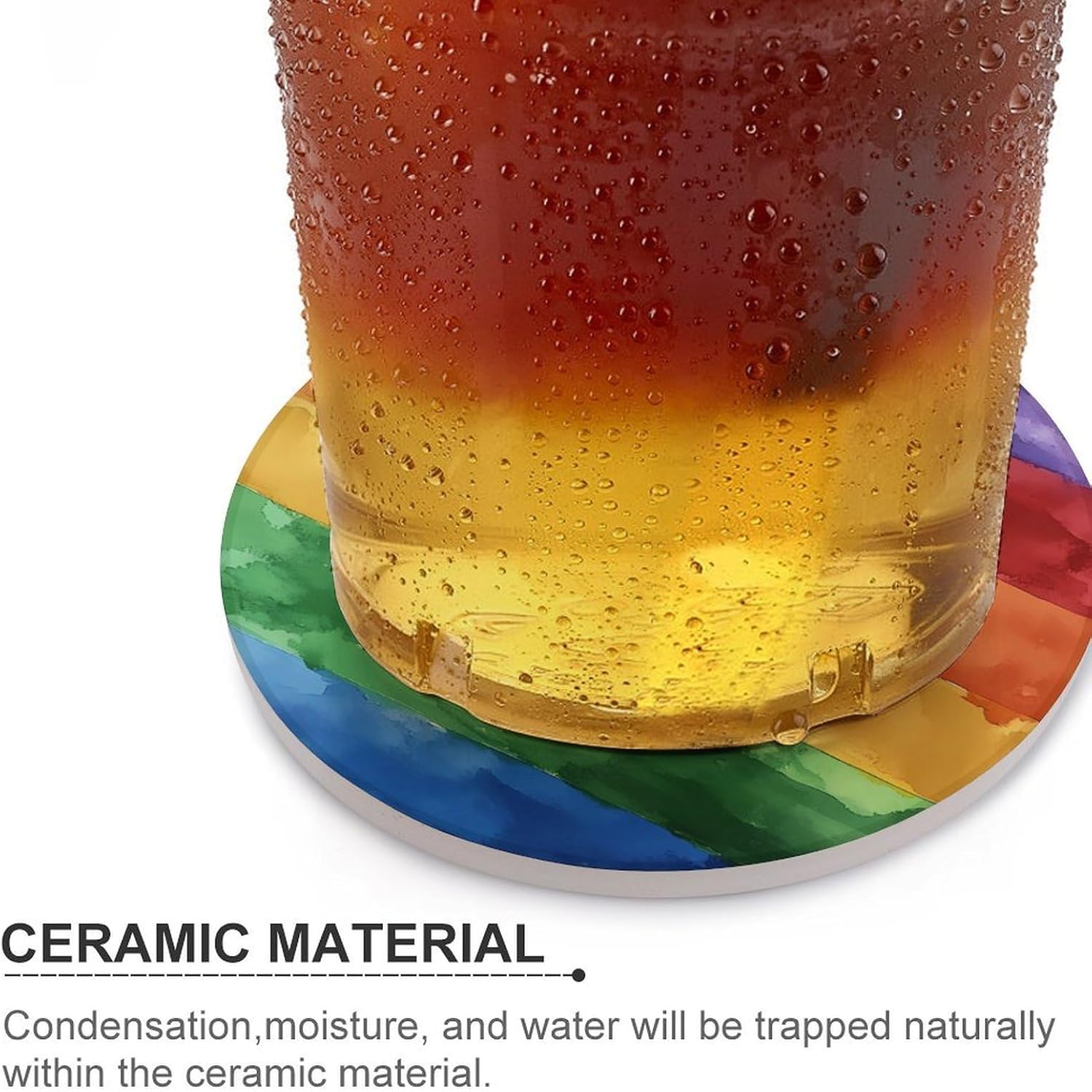 Watercolor LGBT Rainbow Flag Round Ceramic Coasters for Drinks Absorbent Cup Holder Tabletop Protector with Cork Base