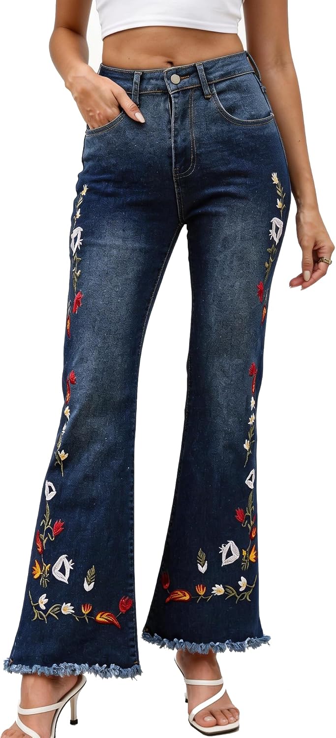 Grosy Boho Floral Embroidered Mom Jeans for Women Plus Size High Waisted Bell Bottom Bohemian Denim Pants Flare Jeans