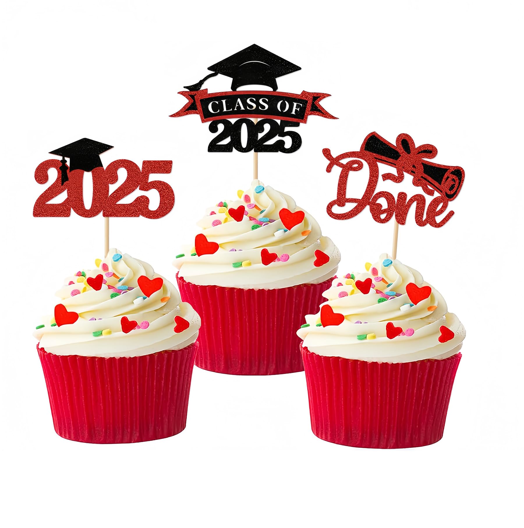 Class of 2025 Congrats Grad Cupcake Toppers, 36 pack Glitter Graduation Cap Diploma Cupcake Picks for 2025 Graduation Party Decoration (Red)