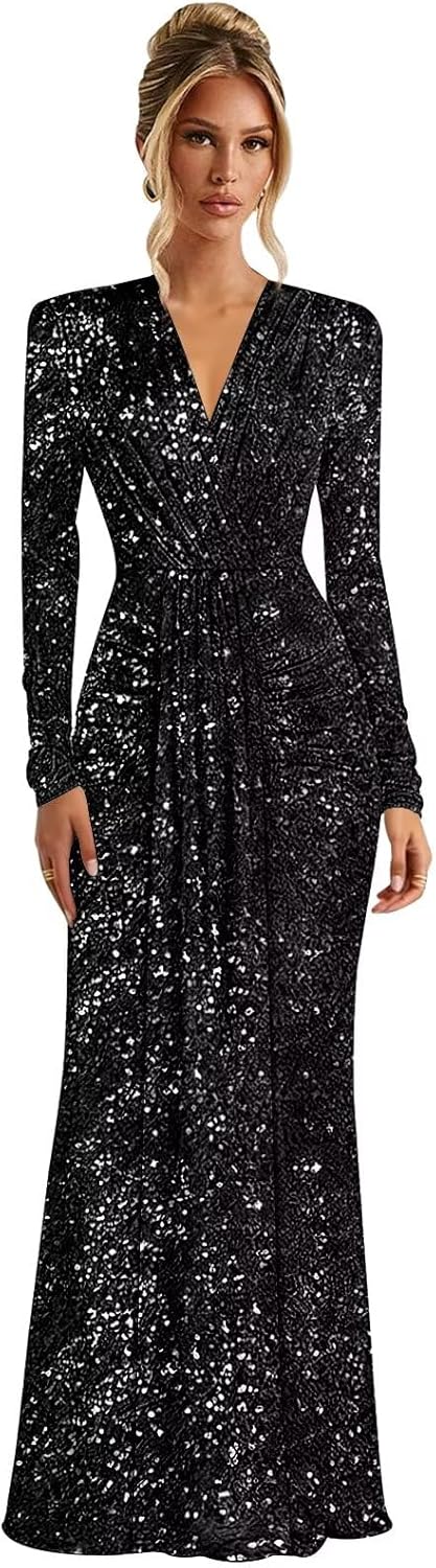 Black Long Sleeve Formal Dresses Front Tie Sequin Empire Waist Prom Gowns for Women Size 0