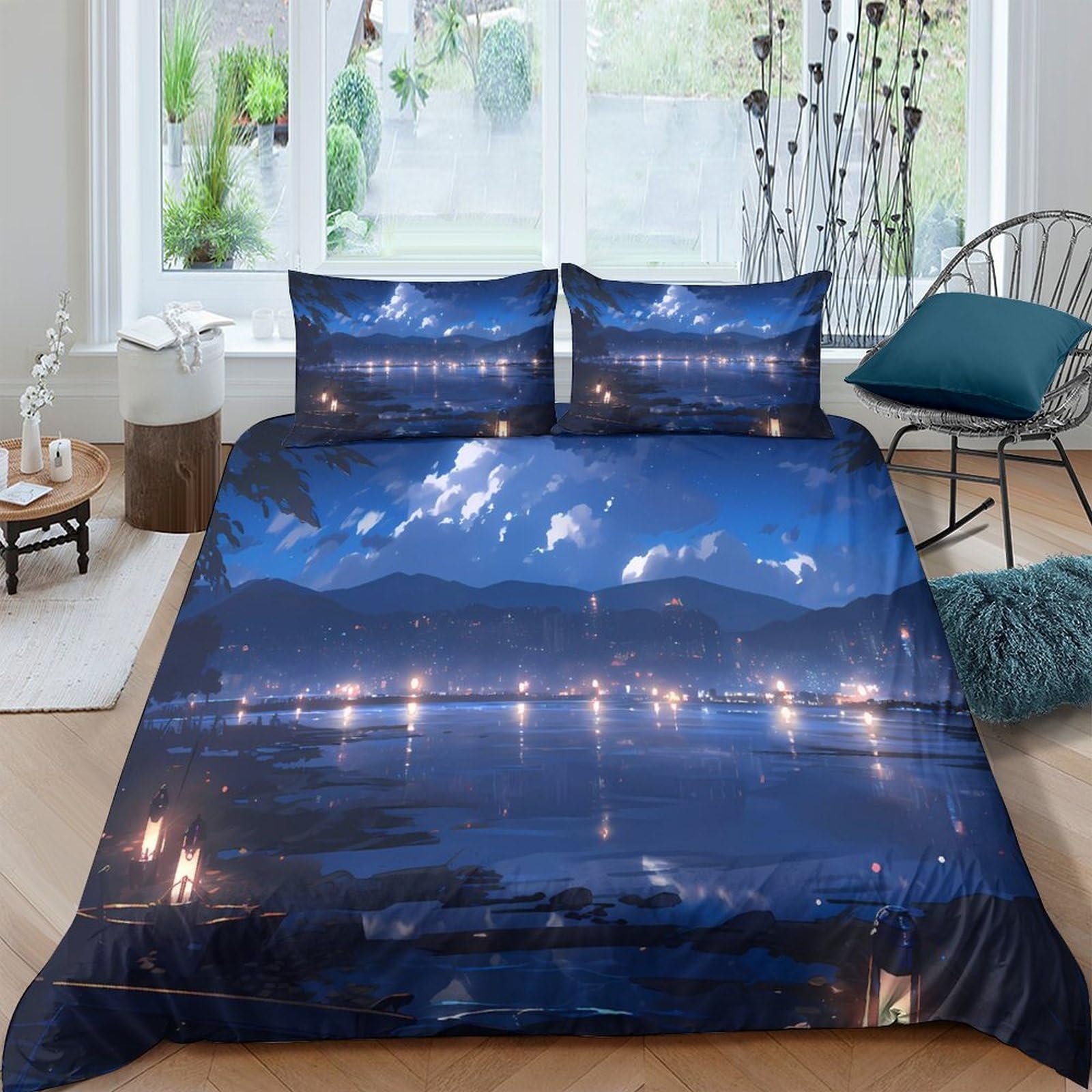 Ctjqhvkz Style-3 3D Printed Night Lake Fitted Sheet Microfiber Soft Blue Reflection Bed Cover For Bedroom Dorm Mattress Decor Single（135X200cm）