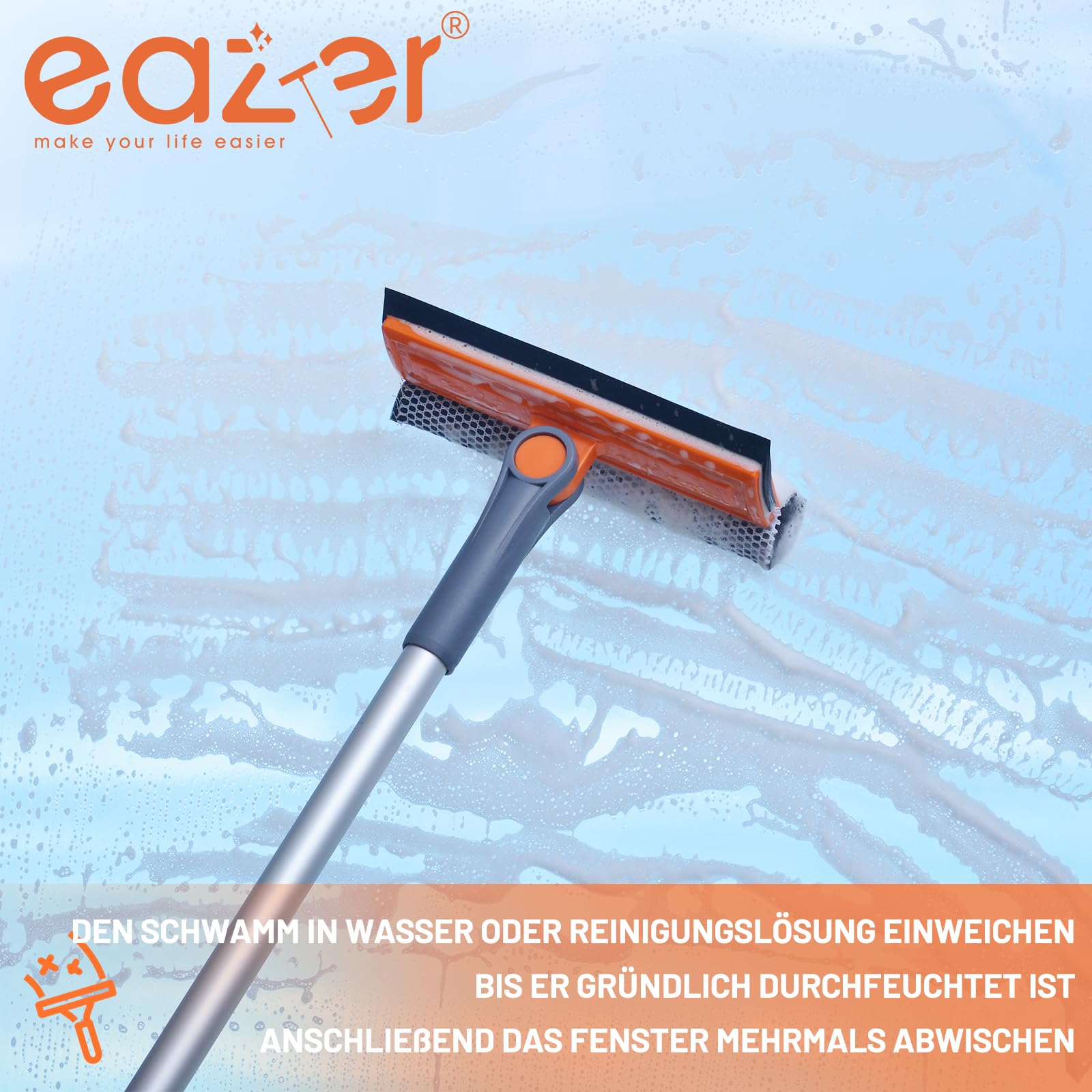 Eazer Fensterputzer & Fensterabzieher,2-in-1 drehbares Kombi-Set mit Teleskopstange (51-77 cm) für Fenster, Dusche und Auto-Windschutzscheibe