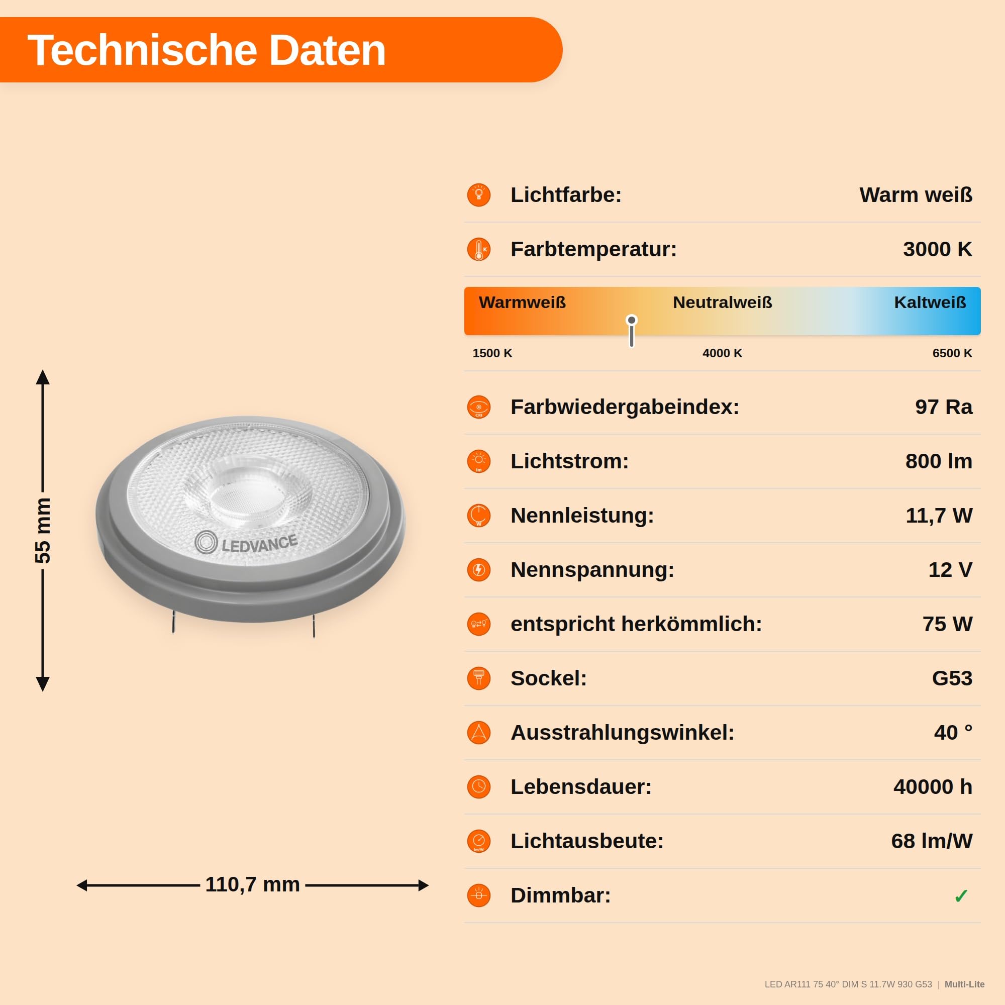 LEDVANCE 6x LED AR111 Spot, Warmweiß 3000K, 11,7W, G53 Sockel, 800 Lumen, 75W Halogen-Ersatz, 40° Abstrahlwinkel, Dimmbar, 12V