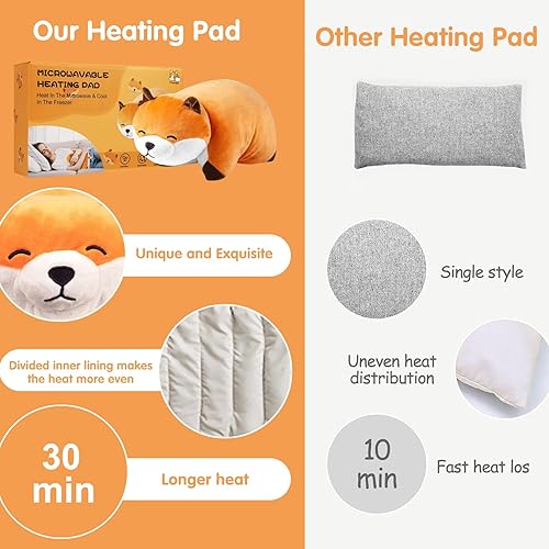 Miniatura 6 de Almohadilla térmica para microondas, animales de peluche calentables de zorro para período, alivio del dolor de calambres, linda almohada suave y