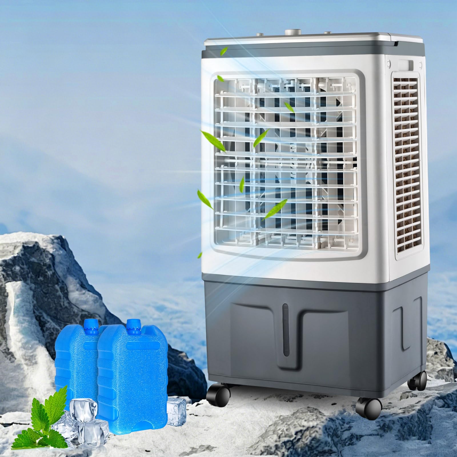 Large Reservoir Air Cooler 30L, Evaporative Mobile Cooler Mechanical, 3 Speeds, 2 Ice Boxes, Powerful Airflow