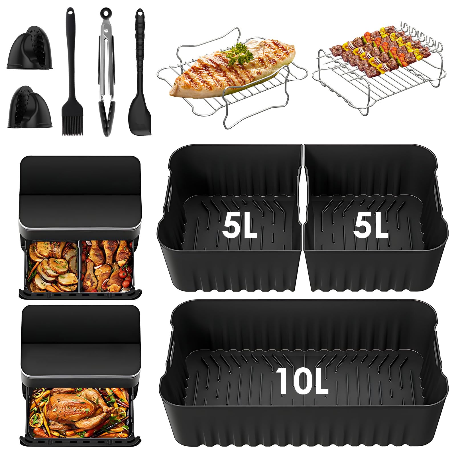 Moule Silicone Air Fryer Accessoires pour COSORI Dual Zone 10L Twinfry Airfryer- 1x10L + 2x5L Réutilisable Silicone Réutilisable Plat, Grille Racks, Paniers à Friture, Grille de Grille (Cosori 10l)