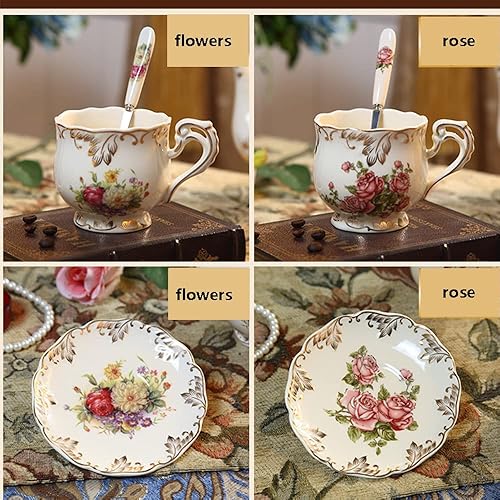 Miniatura 9 de Tazas de té y platillos (rosa, 8 onzas), juego de taza y platillo floral con cuchara, tazas de té vintage, juego de té de porcelana, juegos de té