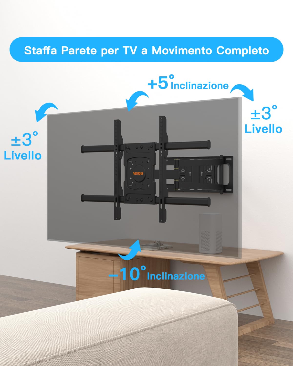 WHYFONE Supporto da Parete per TV Girevole Inclinabile Estensibile, Staffa TV Braccio Extra Lungo 650mm, Braccio TVs ad Angolo per Televisore da 32-70 Pollici fino a 35kg, Max VESA 600x400mm