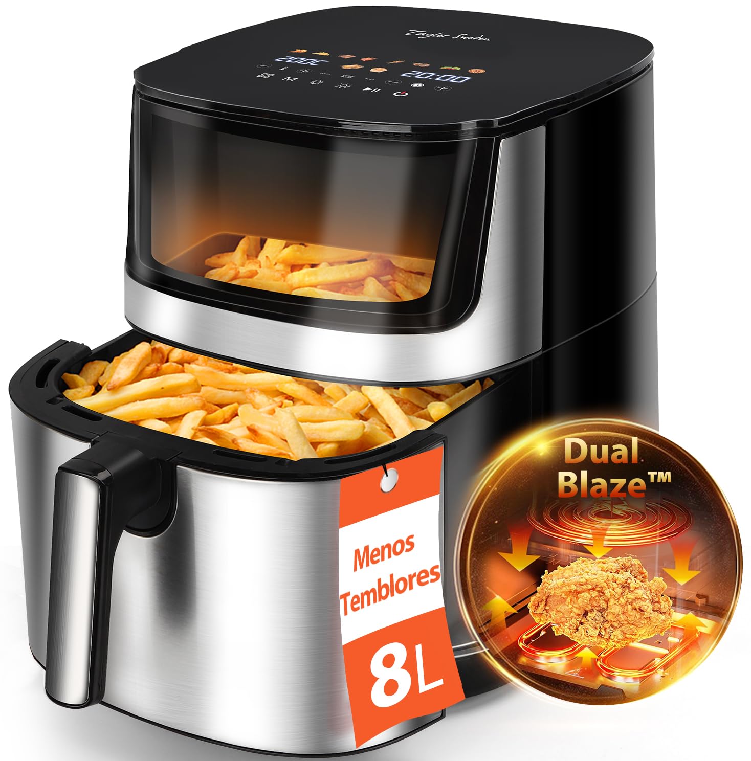 Taylor Swoden Freidora Aire 8L Dual Blaze™ 2000W - Doble Calentamiento, 10 Programas, Ventana Visual, Panel Táctil, Sin Precalentamiento, Lavavajillas +14 Recetas (10 Pers.)