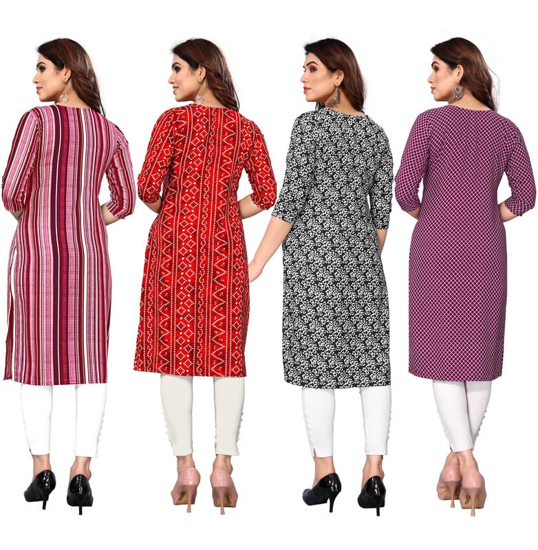 Image of JAKHANA Women's Crepe Printed Casual Straight Calf Length Round Nick Kurta Pack of 4