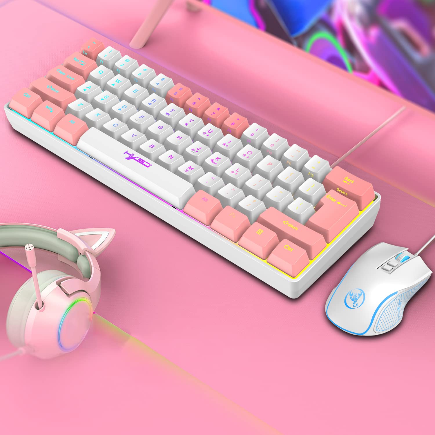 Kabelgebundene Gaming-Tastatur- & Maus-Set mit 61 Tasten RGB Backlit, Mauspad, 7 Farbatmungslicht Maus, 3600 DPI, für PS4-Windows-PC-Mac-Laptop (Weiß)