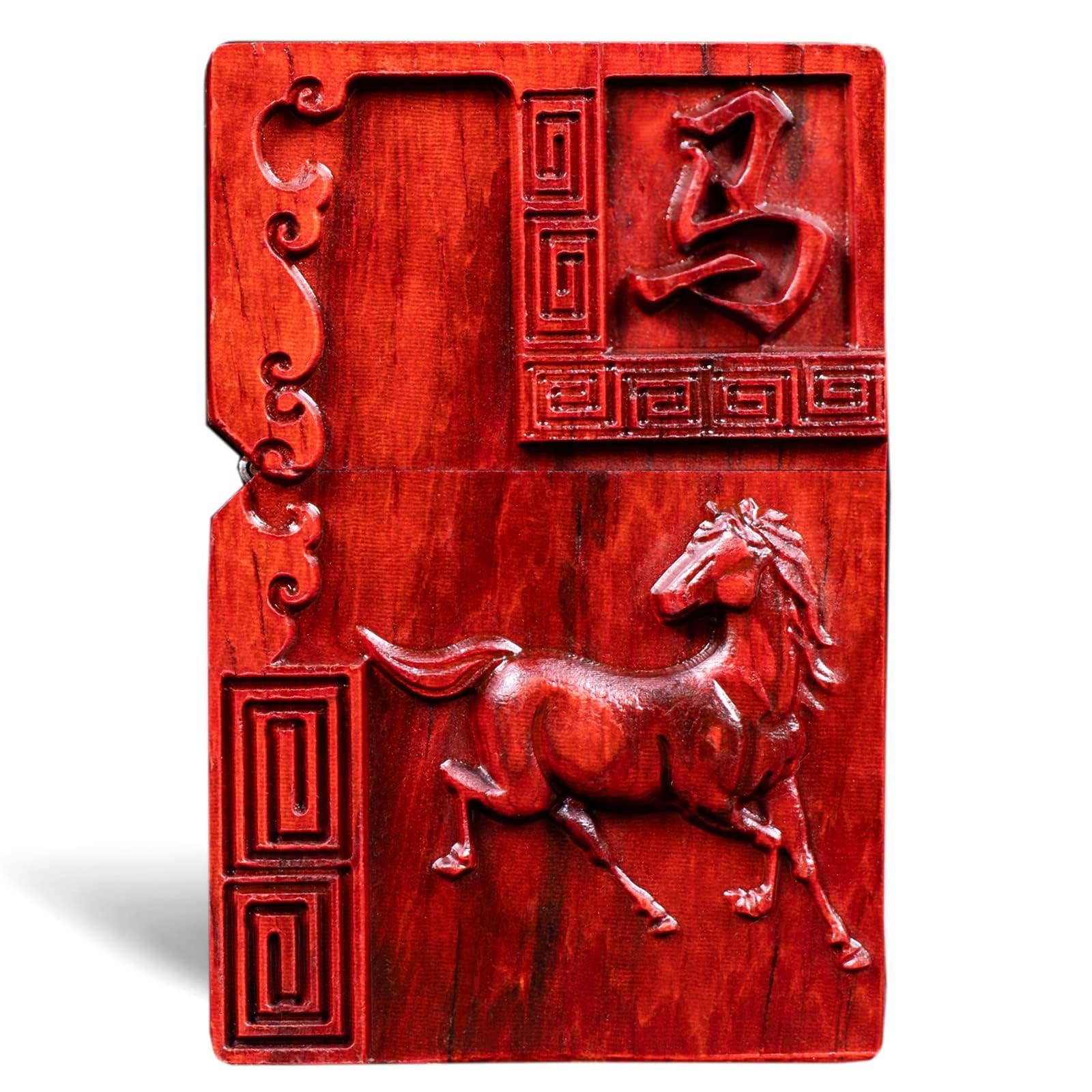 Zodiac Horse Meidai Natural Red Sandalwood Rosewood Carving Lighter，Replaceable For Zippo (Only Case), Compatible Insert Size 3.6Cm * 1.2Cm * 5Cm，Lighter Housing (Zodiac Horse)