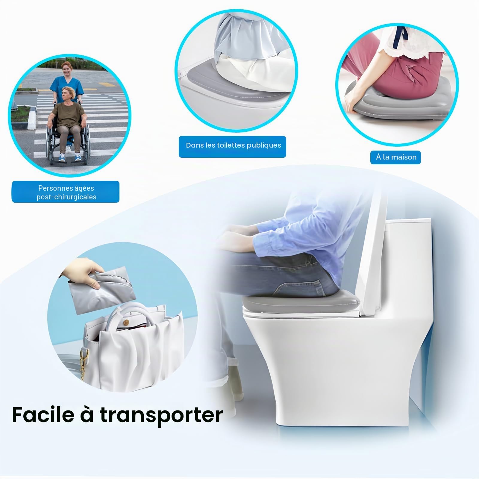 Coussin de Siège de Toilette Gonflable en PVC avec Ventouse, Réglable en Hauteur, Étanche et Confortable, Housse WC pour Adulte, Soulagement du Coccyx, Idéal Voyage et Convalescence