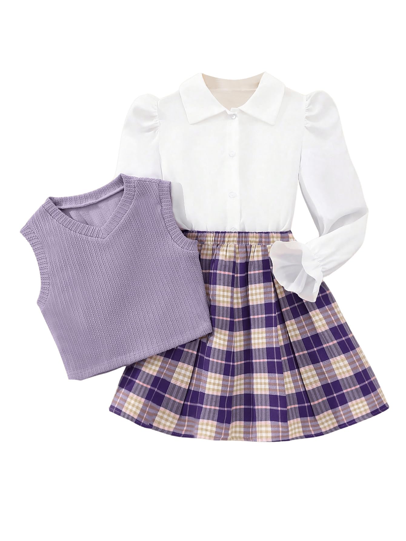 Girl's 3 Piece Skirt Fall Outfit Long Sleeve Button Down Shirt and Pullover Sweater Vest and Plaid Pleated Skirt Set