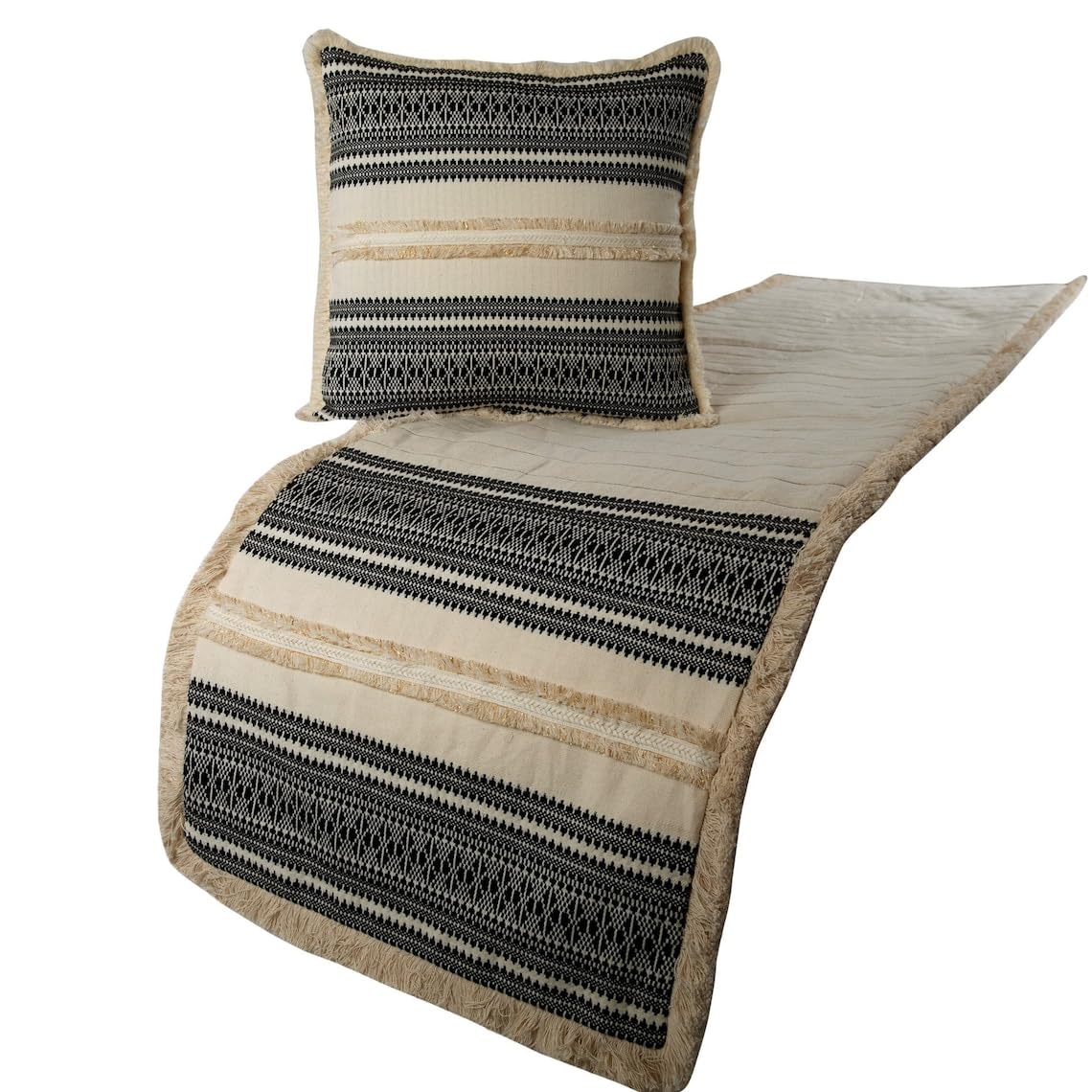 The HomeCentric Beige Bed Runner, Full Size 170 x 45 cm Decorative Bed Runner With Matching Cushion Cover, Beige & Black Linen Bed Scarf in Quilted, Natural Linen with Lace - Moroccan Vibe — image 1