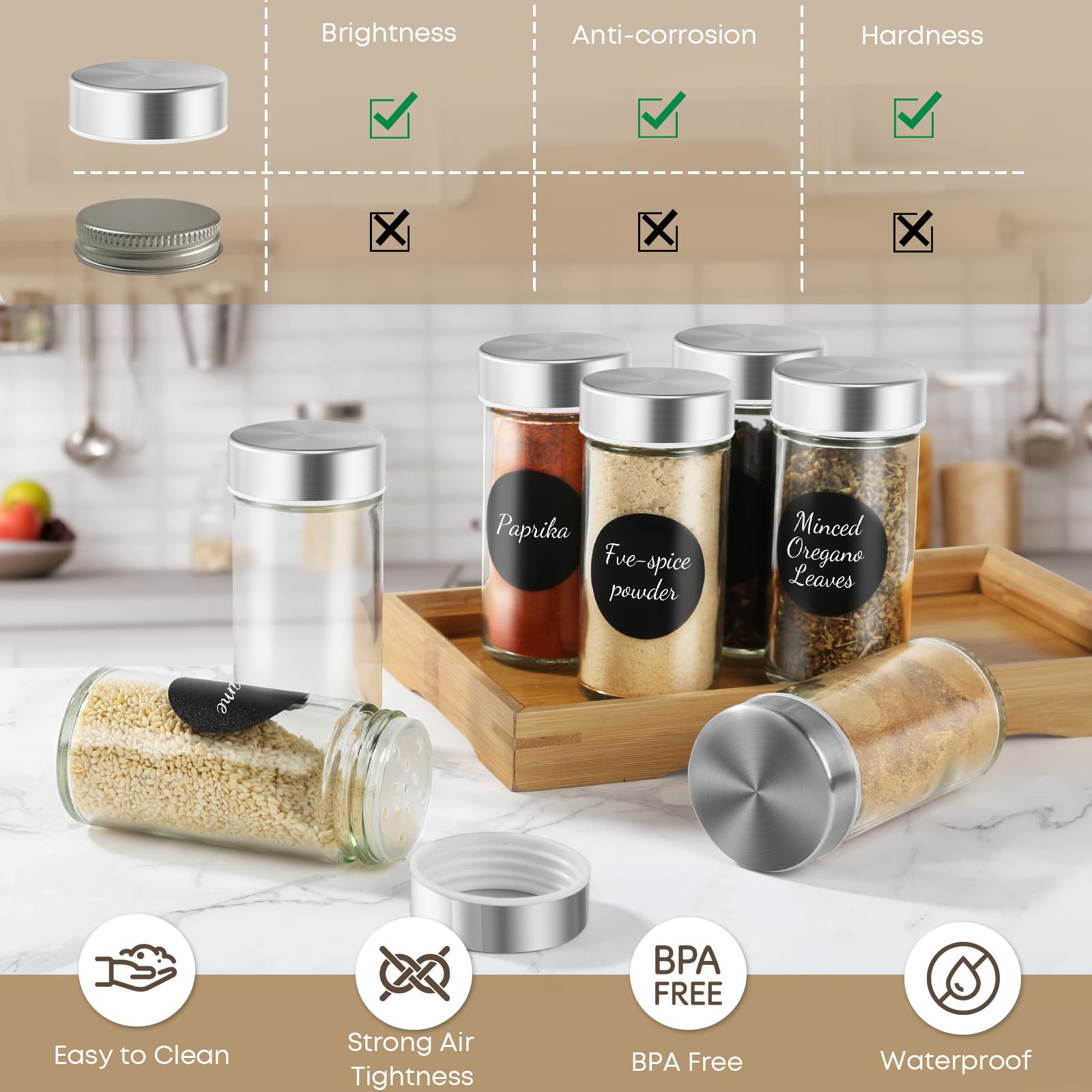 FRIBERG 24 PCS Barattoli Spezie per Cucina,100 Ml,Barattoli per Spezie in Vetro Tondo, Set Spezie Da Cucina, Con Coperchi in Acciaio Inox, Con Imbuto, Spazzola per La Pulizia, Penna E Adesivi