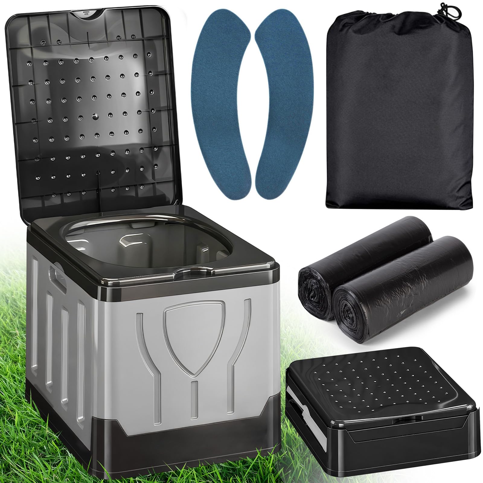 WC Portatile 20 L Capiente, Toilette Portatile Campeggio Pieghevole, Water Portatile Adulti Max 150 kg con 24 Sacchetti Igienici, Borsa per Il Trasporto & Cuscino per Campeggio, Auto, Viaggi