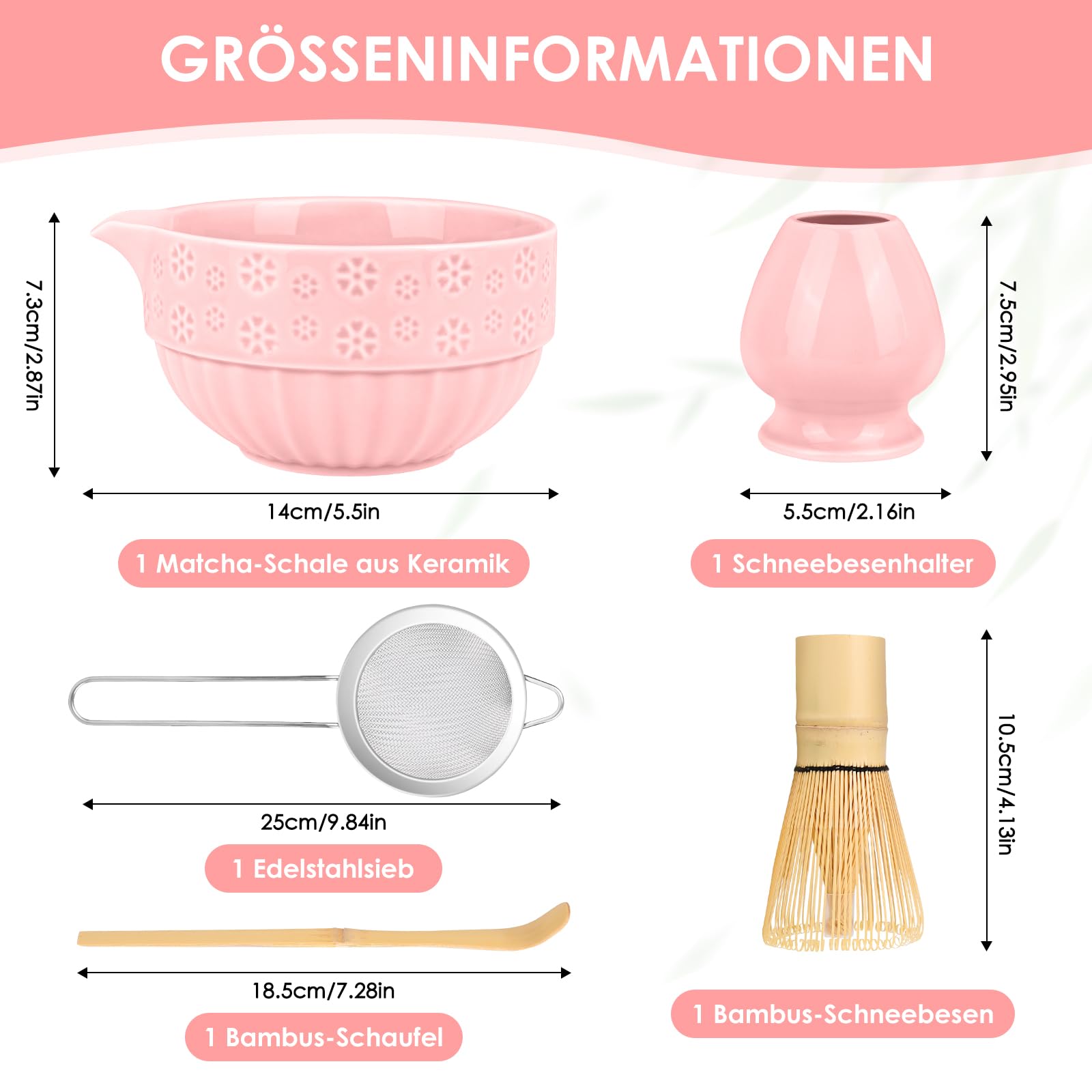 5-teiliges Matcha-Set, japanisches Teeservice, Matcha-Schüssel aus Bambus (Chasen), Löffel (Chashaku), Matcha-Scheibenhalter, Edelstahl-Sieb (Rosa mit Ausguss)