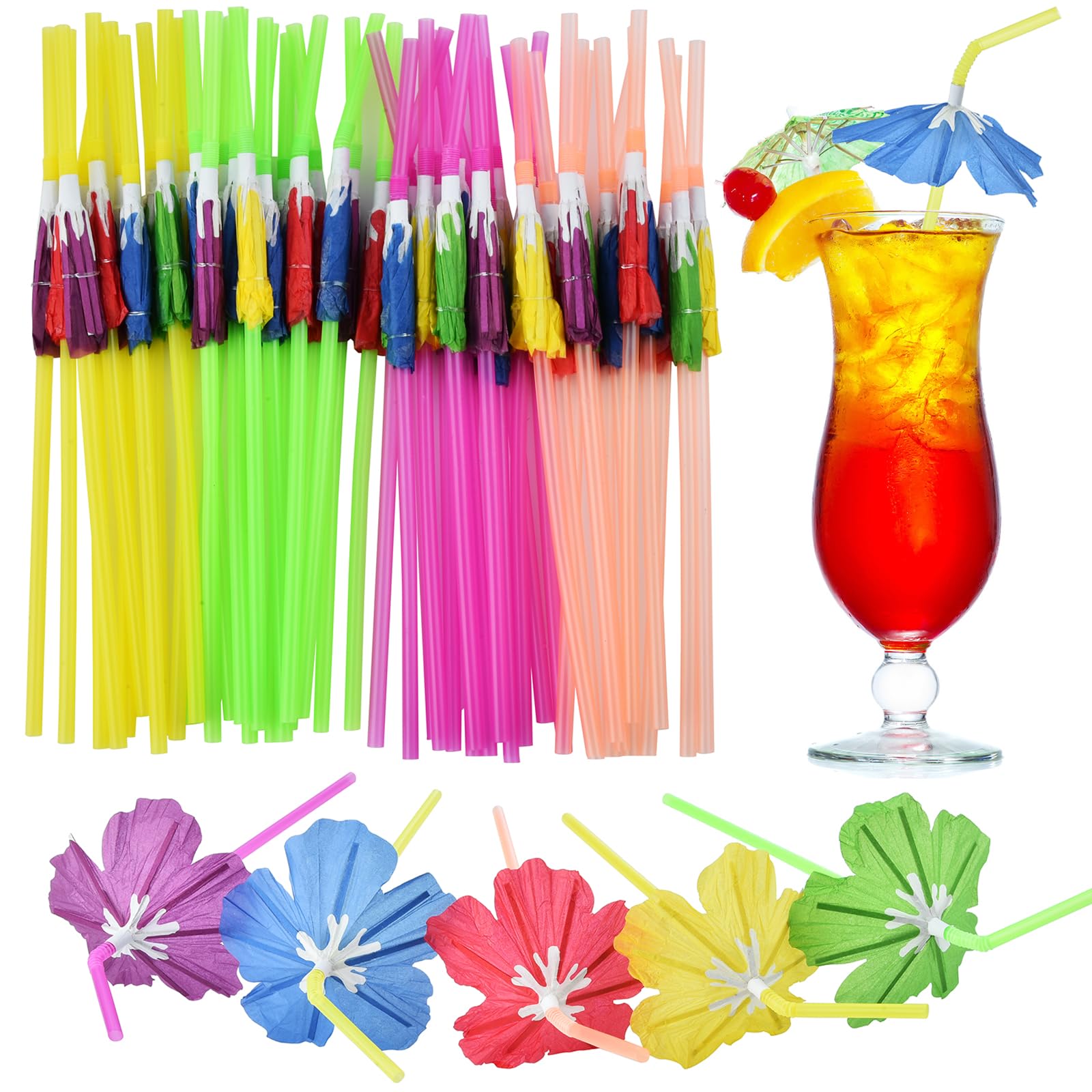 ALINK 50pcs Umbrella Straws, Long Cocktail Drink Umbrellas Fancy Flower Bar Straws for Tropical Summber Beach Luau Tiki Hawaiian Party Decorations -