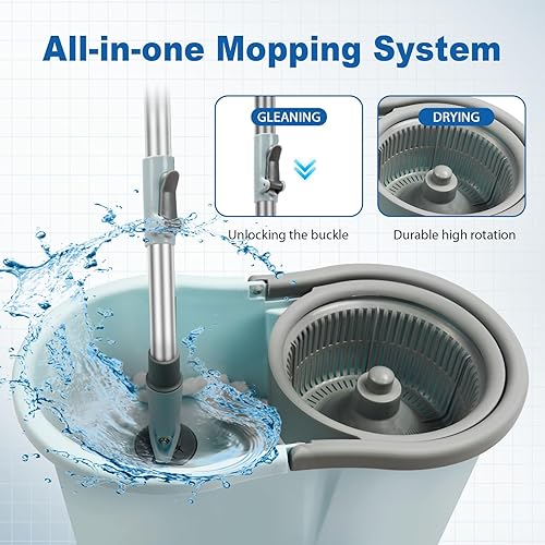 Miniatura 3 de Trapeador giratorio y cubo, trapeador y cubo con escurridor para el hogar, herramienta de limpieza de pisos con 3 recambios de cabezal de microfibra