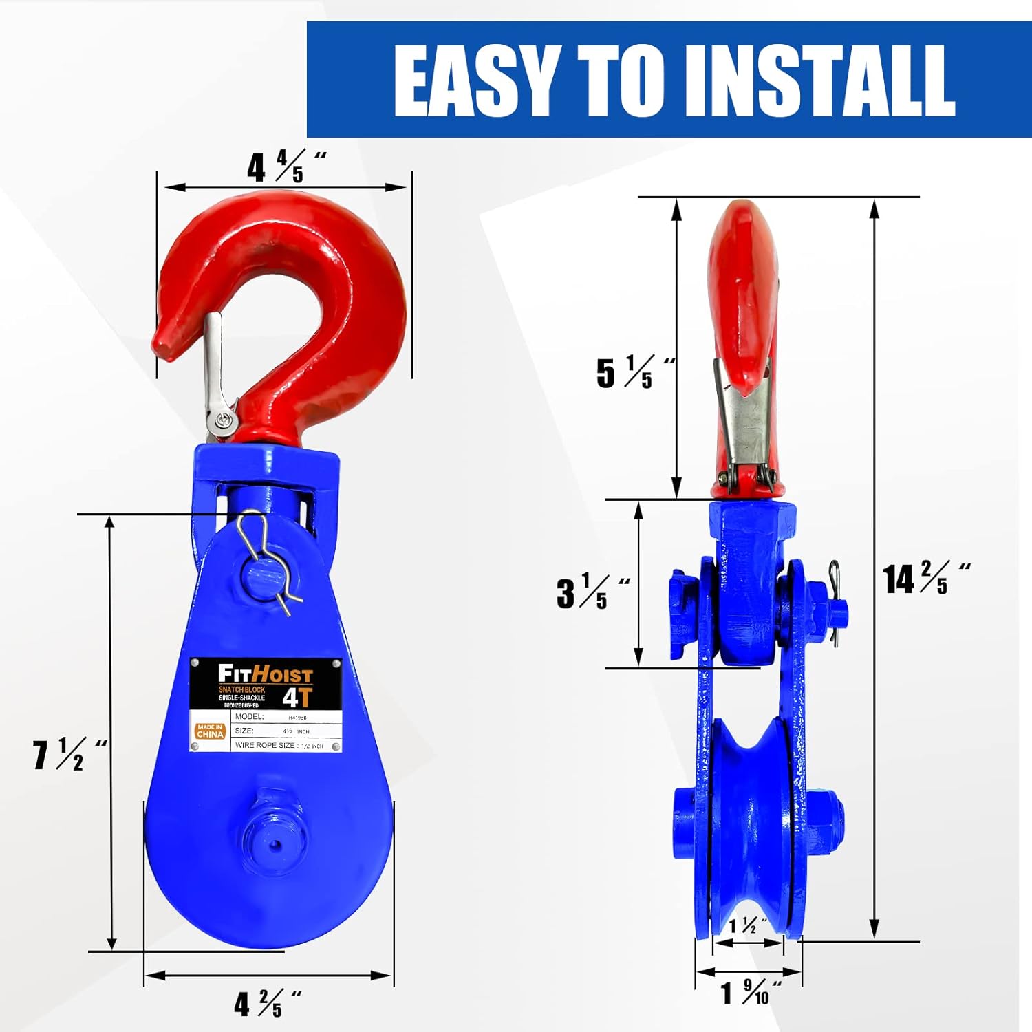 4Tons(8800lbs) Snatch Block with Hook | 4 1/2" Sheave for 1/2" Inch Wire Rope | High Strength Snatch Blocks for Towing and Recovery Applications | Tow Truck Rollback Wrecker Car Hauler Winch - Image 4